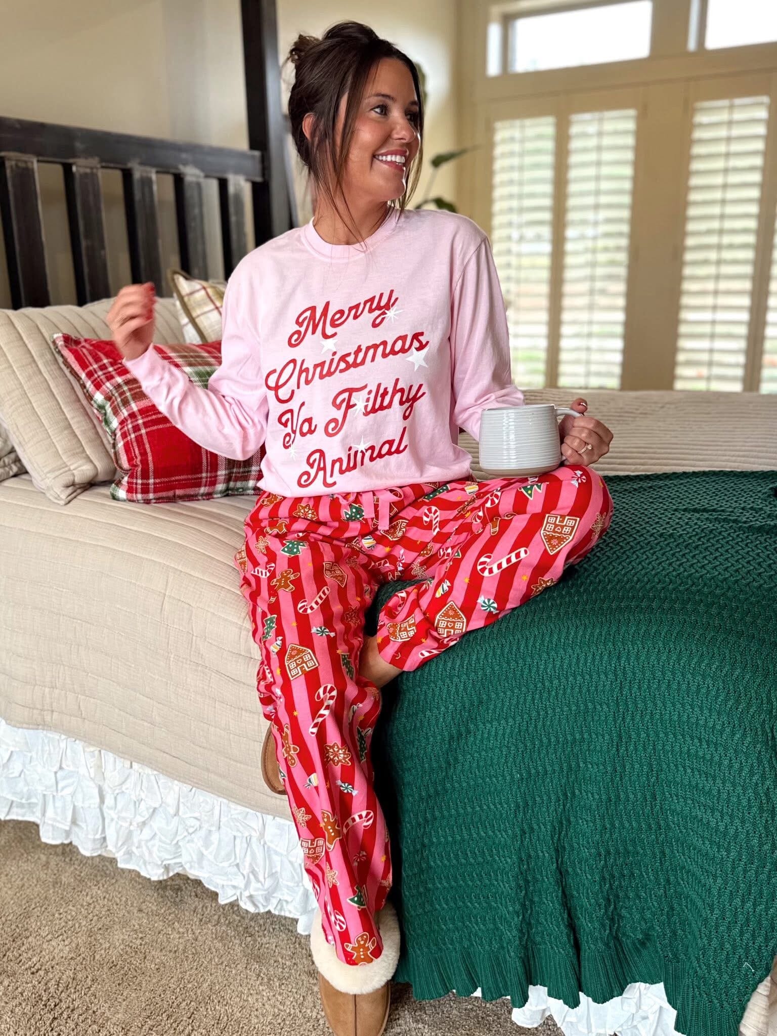 Merry Christmas Ya Filthy Animal Pink Comfort Colors Long Sleeve Tee Long sleeve Oliver and Otis 