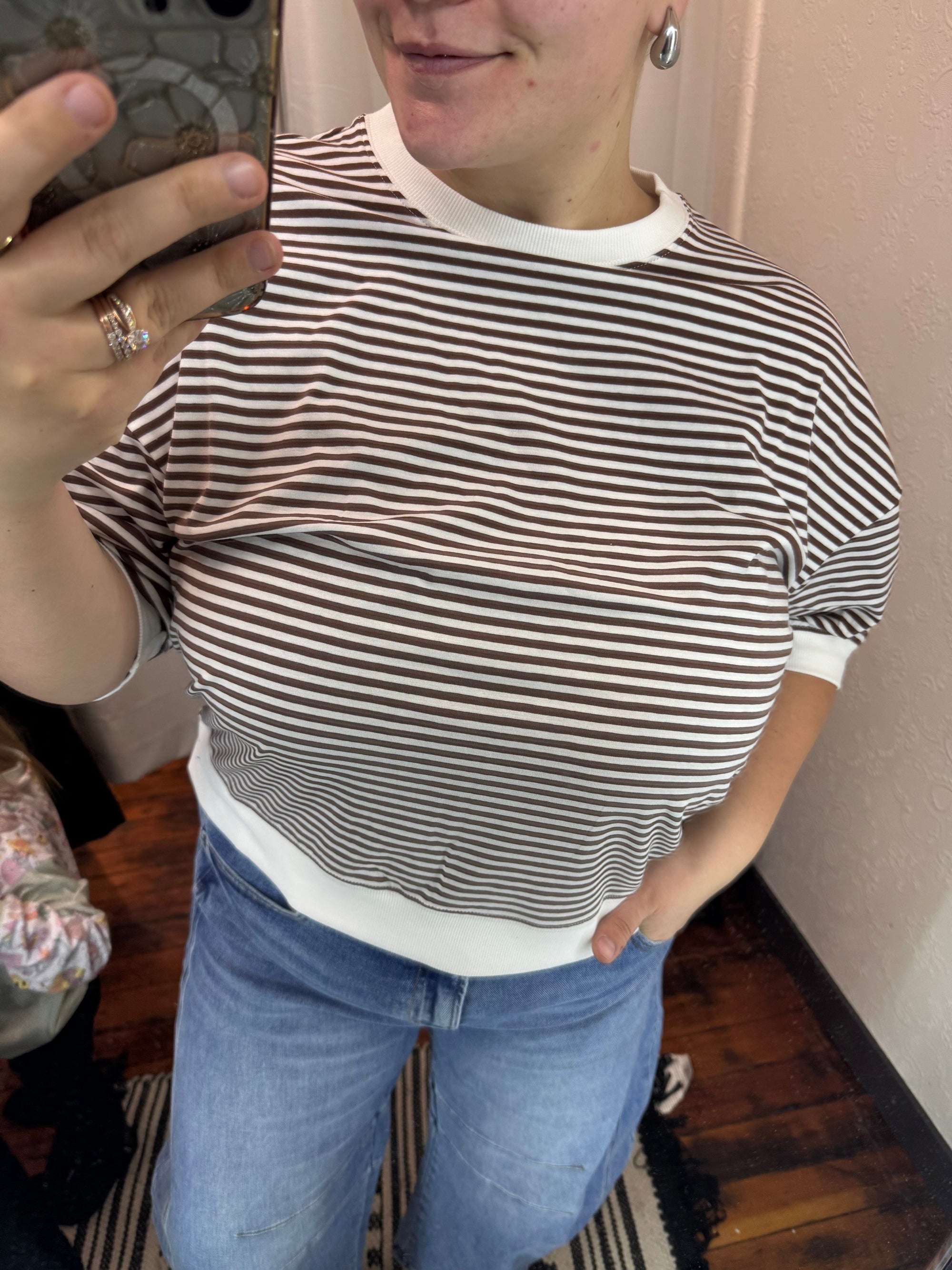 Brown Stripe Ribbed Hem Short Sleeve Top Short sleeve Zenana 