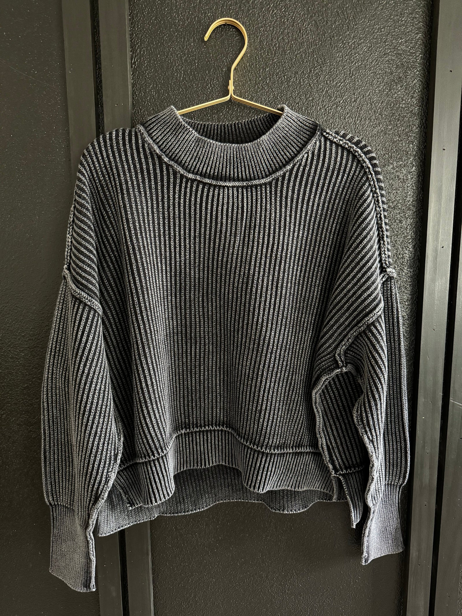 Black Acid Wash Ribbed Exposed Seam Long Sleeve Sweater Long sleeve Zenana 