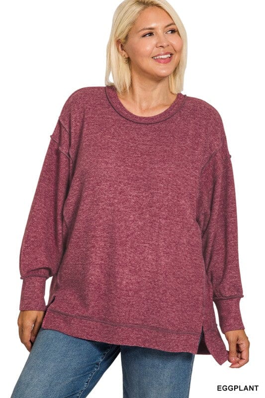 Eggplant Hacci Knit Long Sleeve Top Long sleeve Zenana 