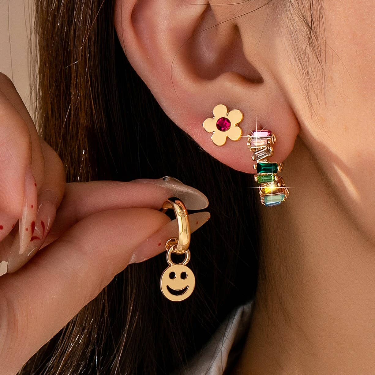 Rainbow Crystal, Smiley, and Floral Trio Earrings | 80E62109: Gold JOSSLYN by wall to wall 