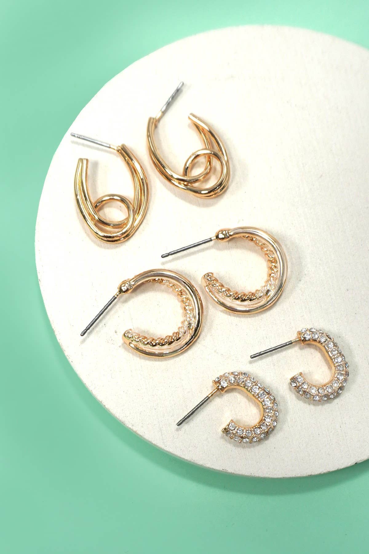 TRIO HUGGIE HOOP RHINESTONE TITANIUM POST EARRINGS | 80E5807: GOLD JOSSLYN by wall to wall 