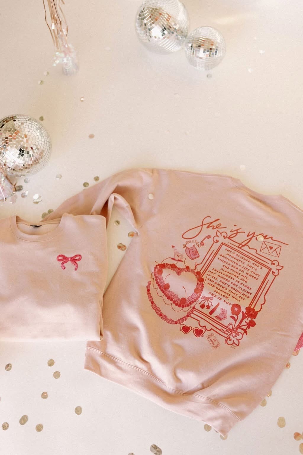 She is You | Pink and Red Graphic Crewneck with 3D Embroidered Bow Patch Long sleeve Chaudoin Creations 