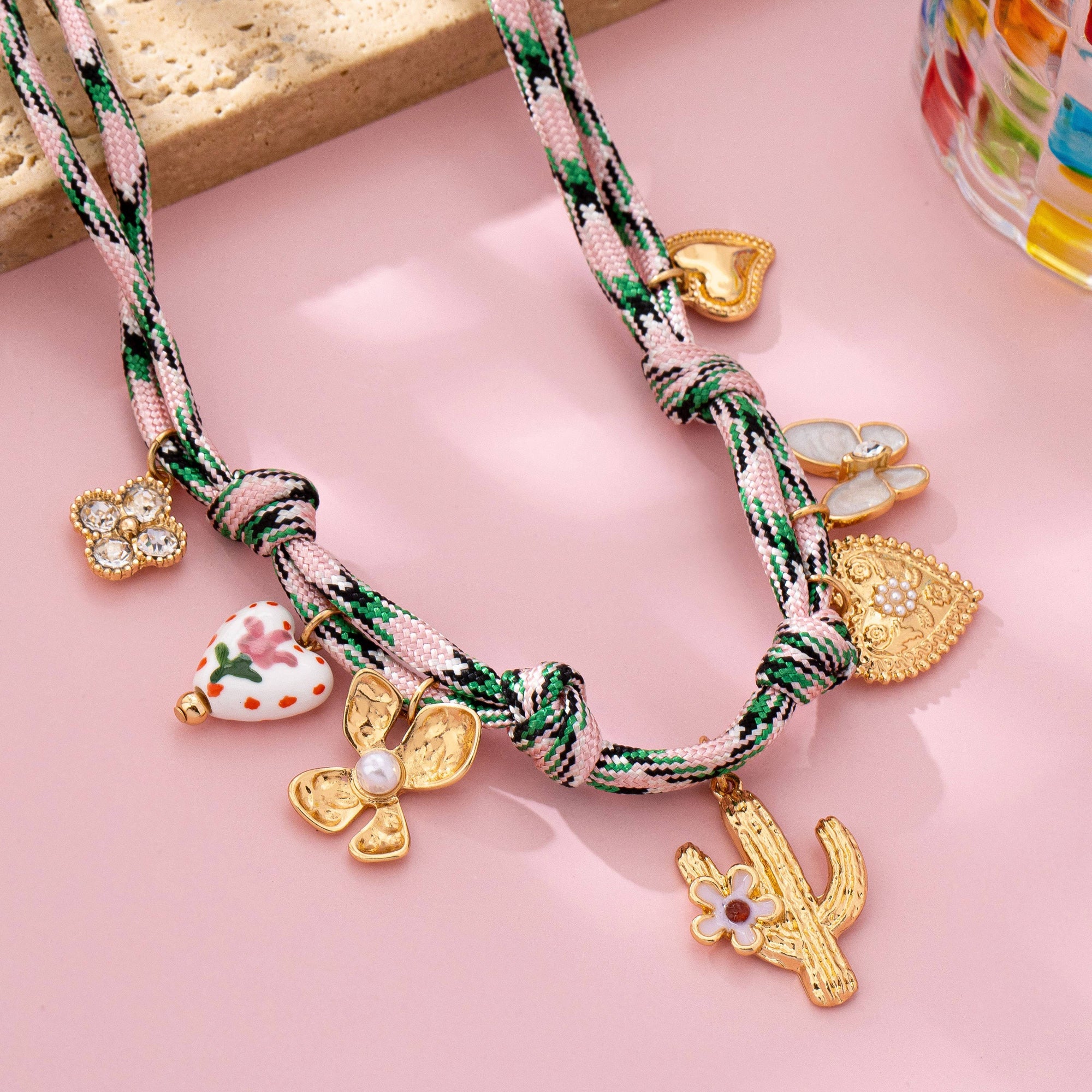 Pink Cord Charm Necklace - Bohemian Multi-Charm | 80N92743: GOLD JOSSLYN by wall to wall 