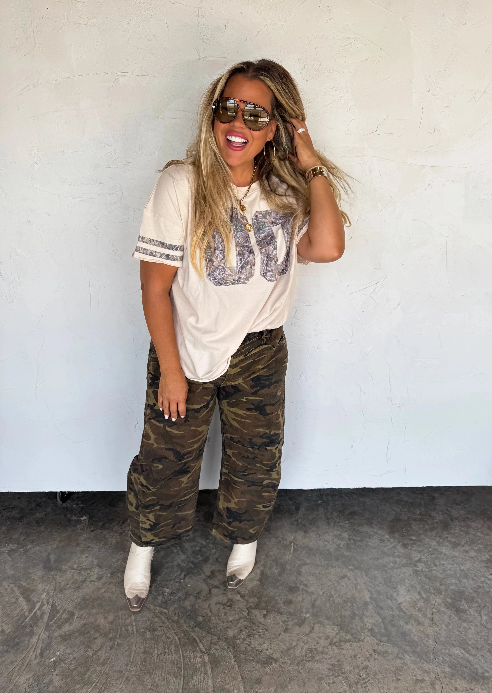 PREORDER | Camo Mid Rise Stretchy Barrel Jeans Bottoms Blakely 