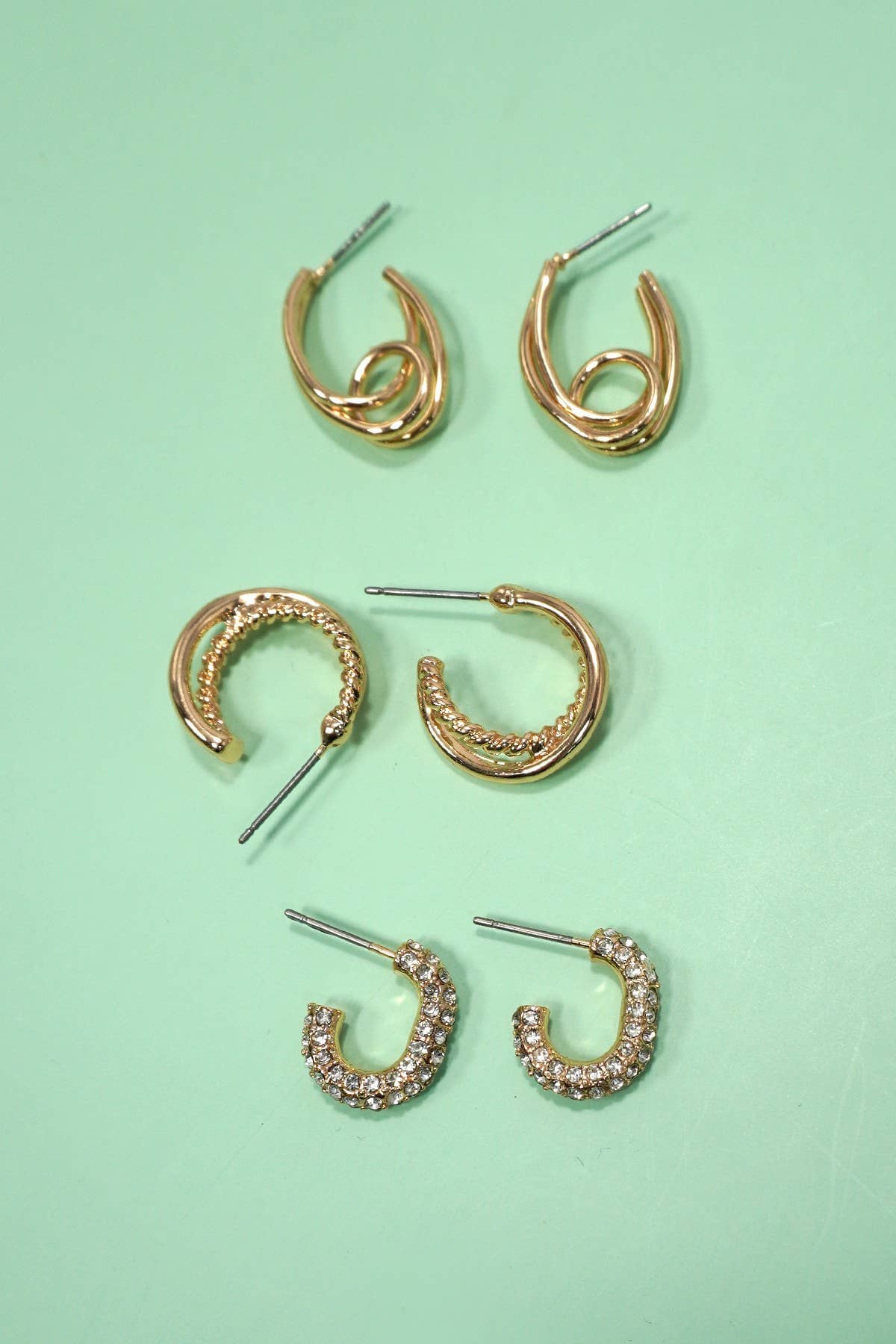 TRIO HUGGIE HOOP RHINESTONE TITANIUM POST EARRINGS | 80E5807: GOLD JOSSLYN by wall to wall 
