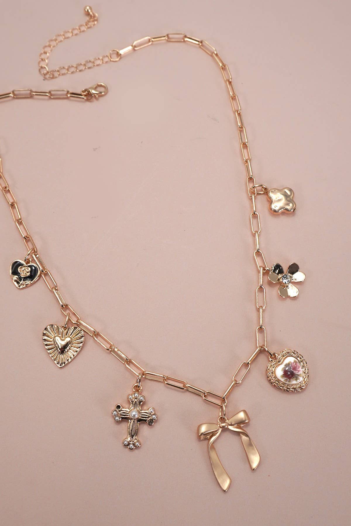 CHARM NECKLACE-PORCELAIN FLORAL BOW CROSS HEART | 80N92151: GOLD JOSSLYN by wall to wall 