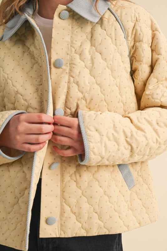 Butter Yellow and Light Blue Polka Dot Corduroy Trim Quilted Jacket