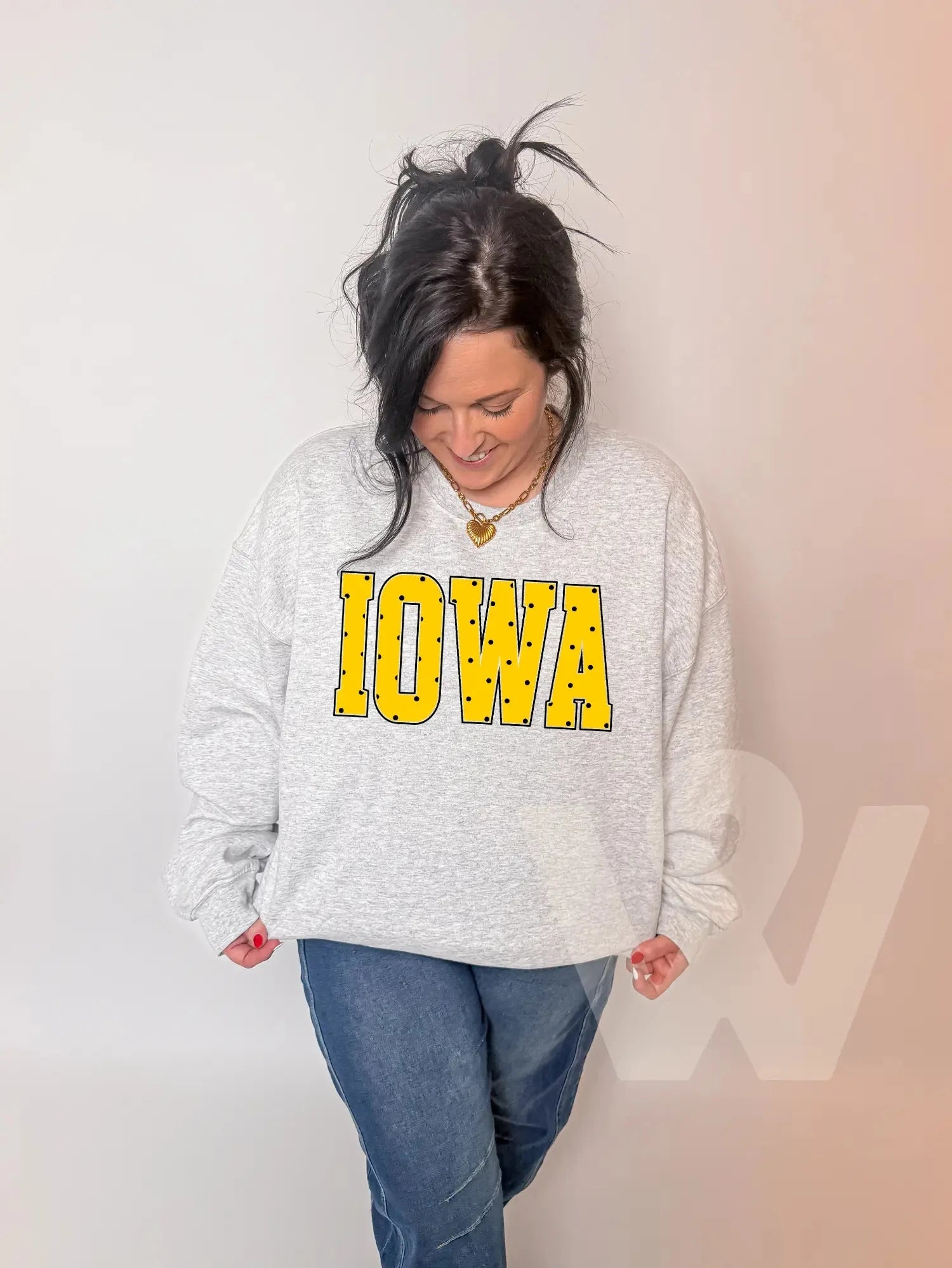 PREORDER | Iowa Hawkeyes Polka Dot Ash Crewneck Sweatshirt Long sleeve Wicker Road Boutique 