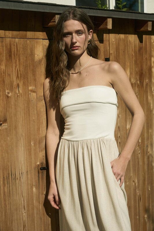 Natural Contrast Fold Over Strapless Midi Dress