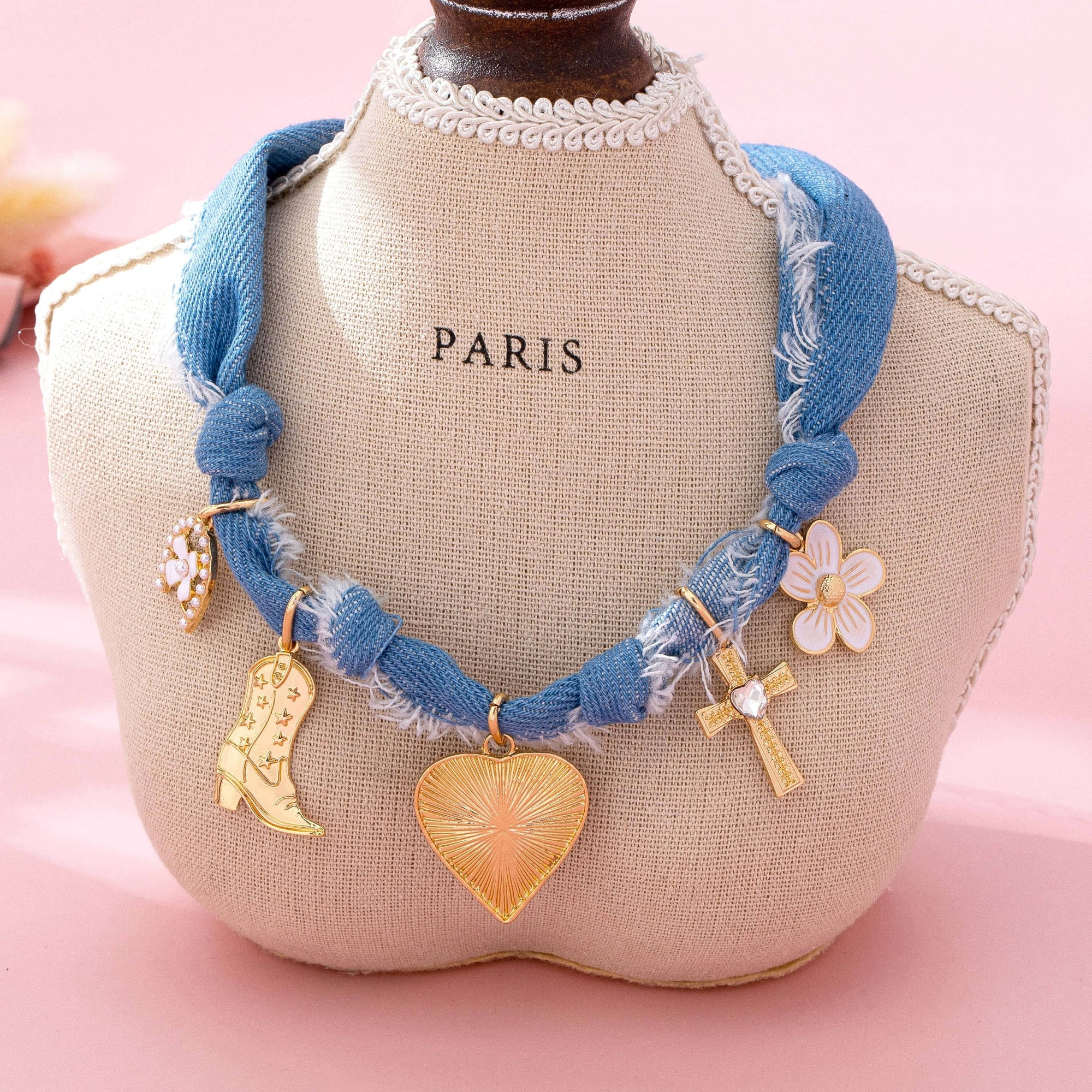 Western Denim Cowboy Boot &amp; Cross Charm Necklace | 80N92859: Gold JOSSLYN by wall to wall 