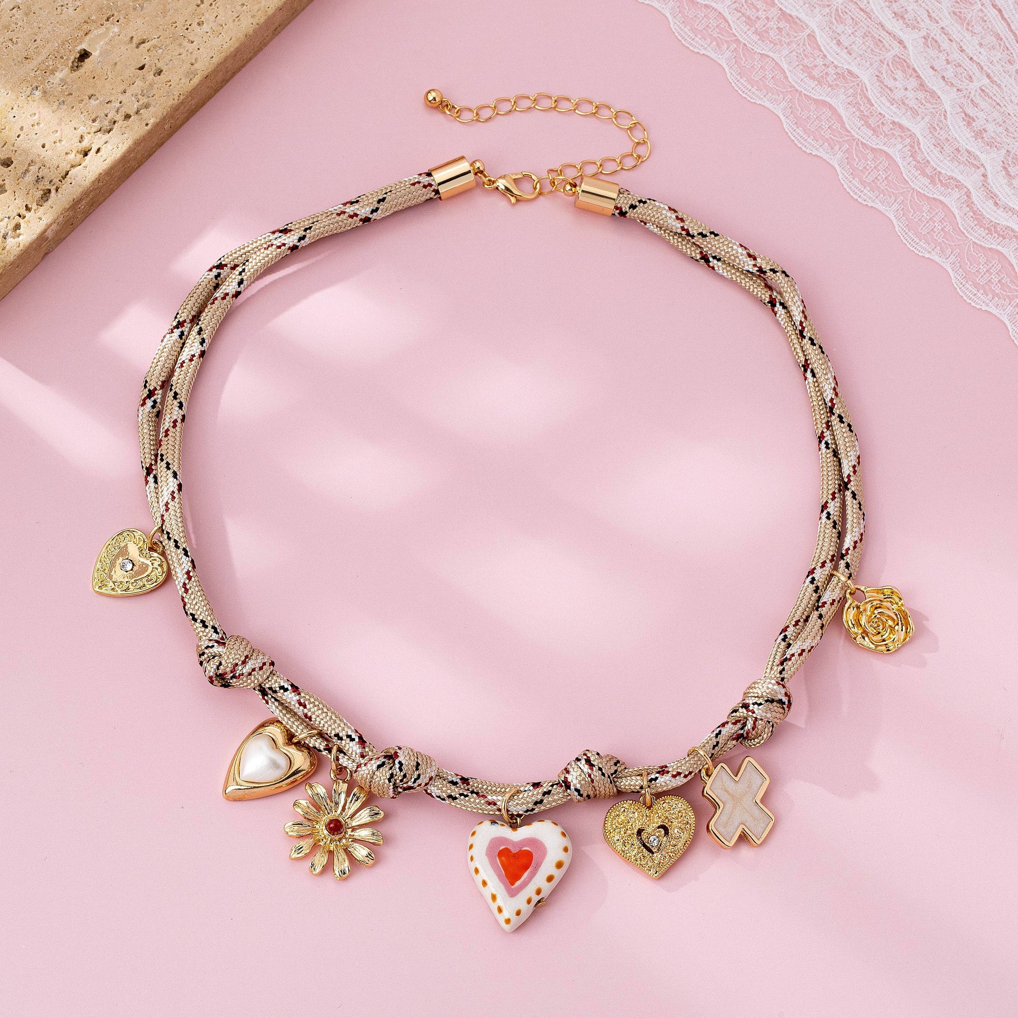 Ivory &amp; Red cord Multi-Charm Boho Necklace | 80N92742: GOLD JOSSLYN by wall to wall 