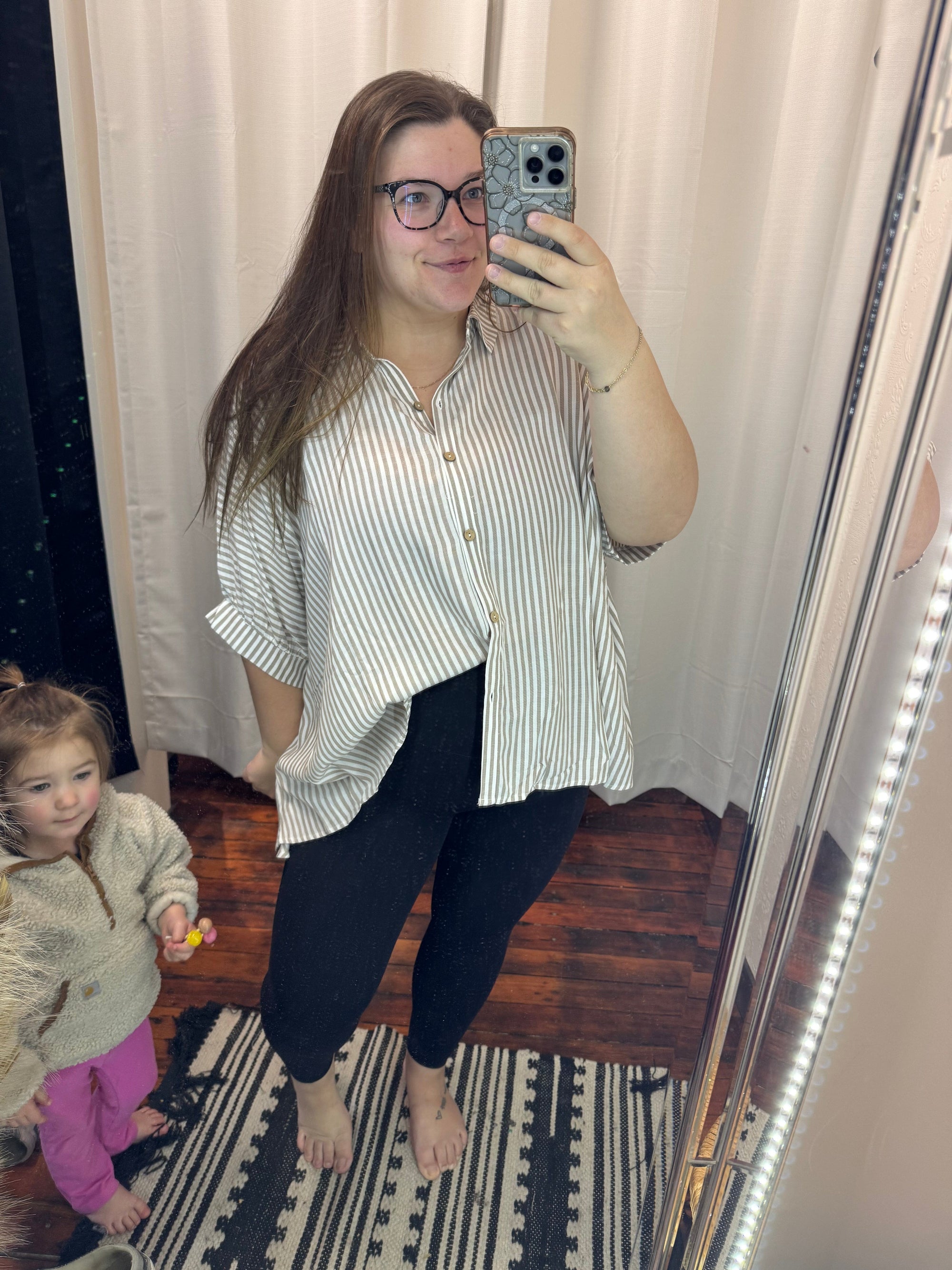 Taupe Oversized Stripe Short Sleeve Button up Top Short sleeve Zenana 