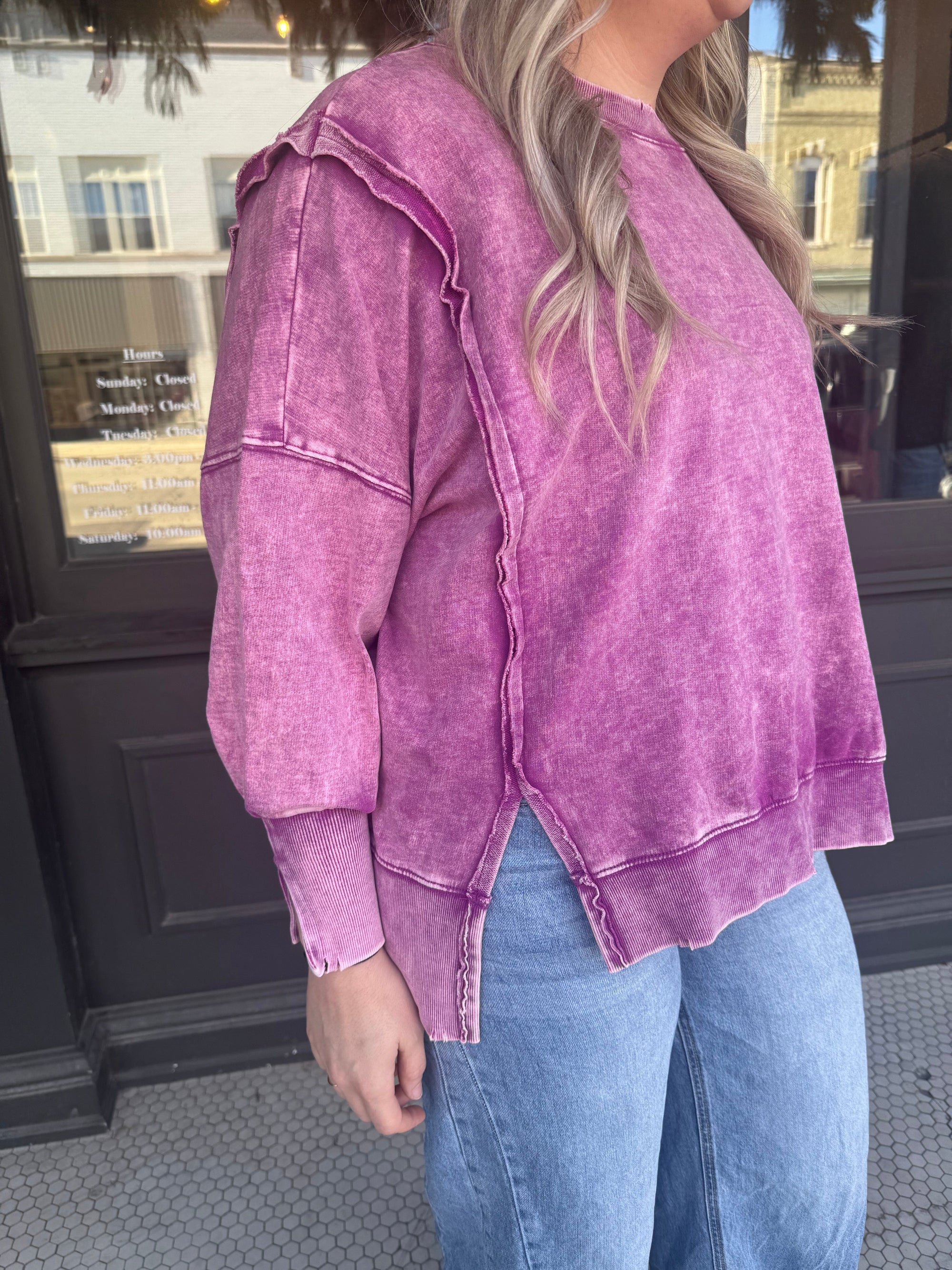 Light Plum Acid Wash French Terry Oversized Sweatshirt Long sleeve Zenana 