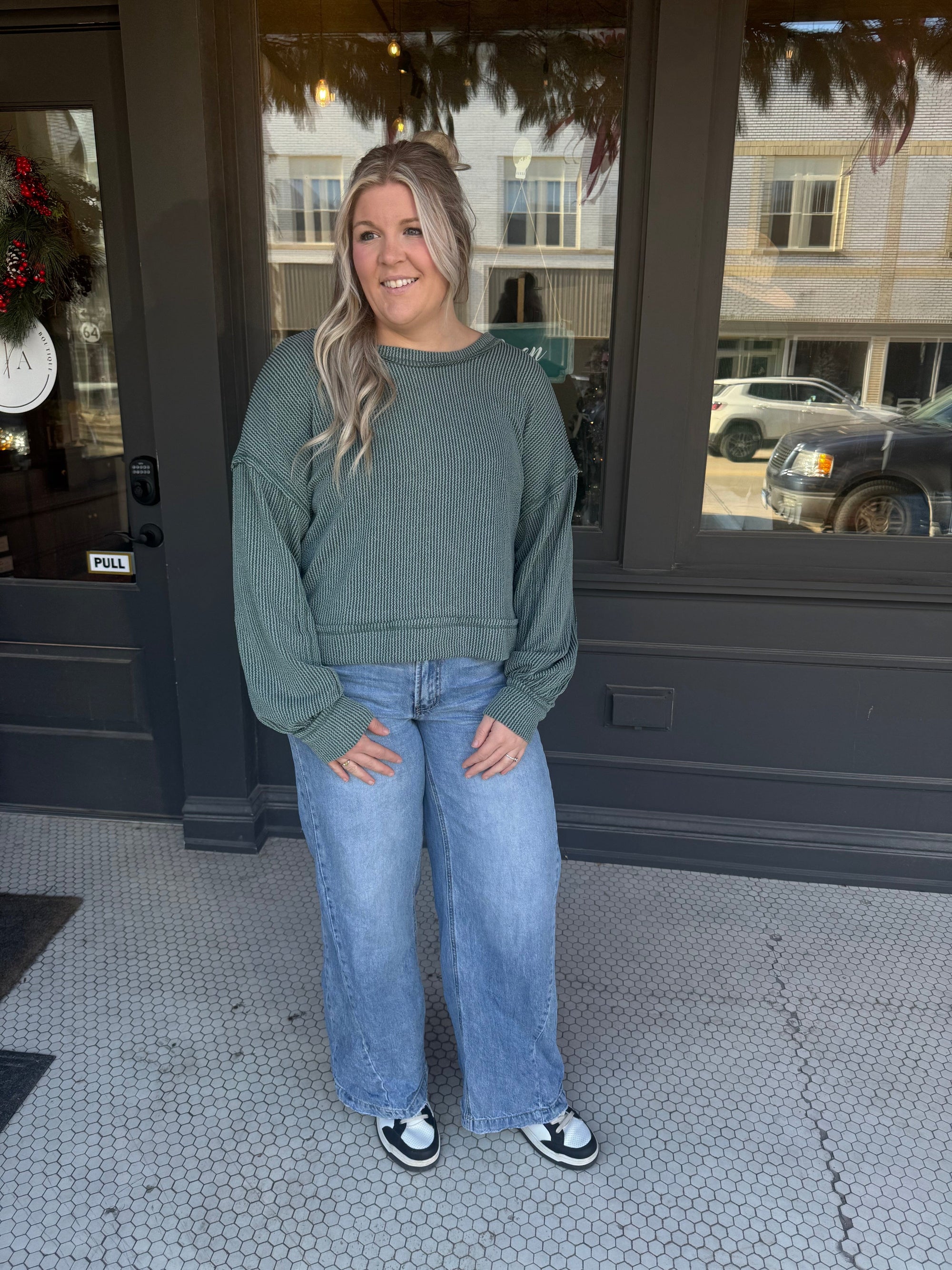 Moss Green Ribbed Oversized Long Sleeve Top Long sleeve Very J 