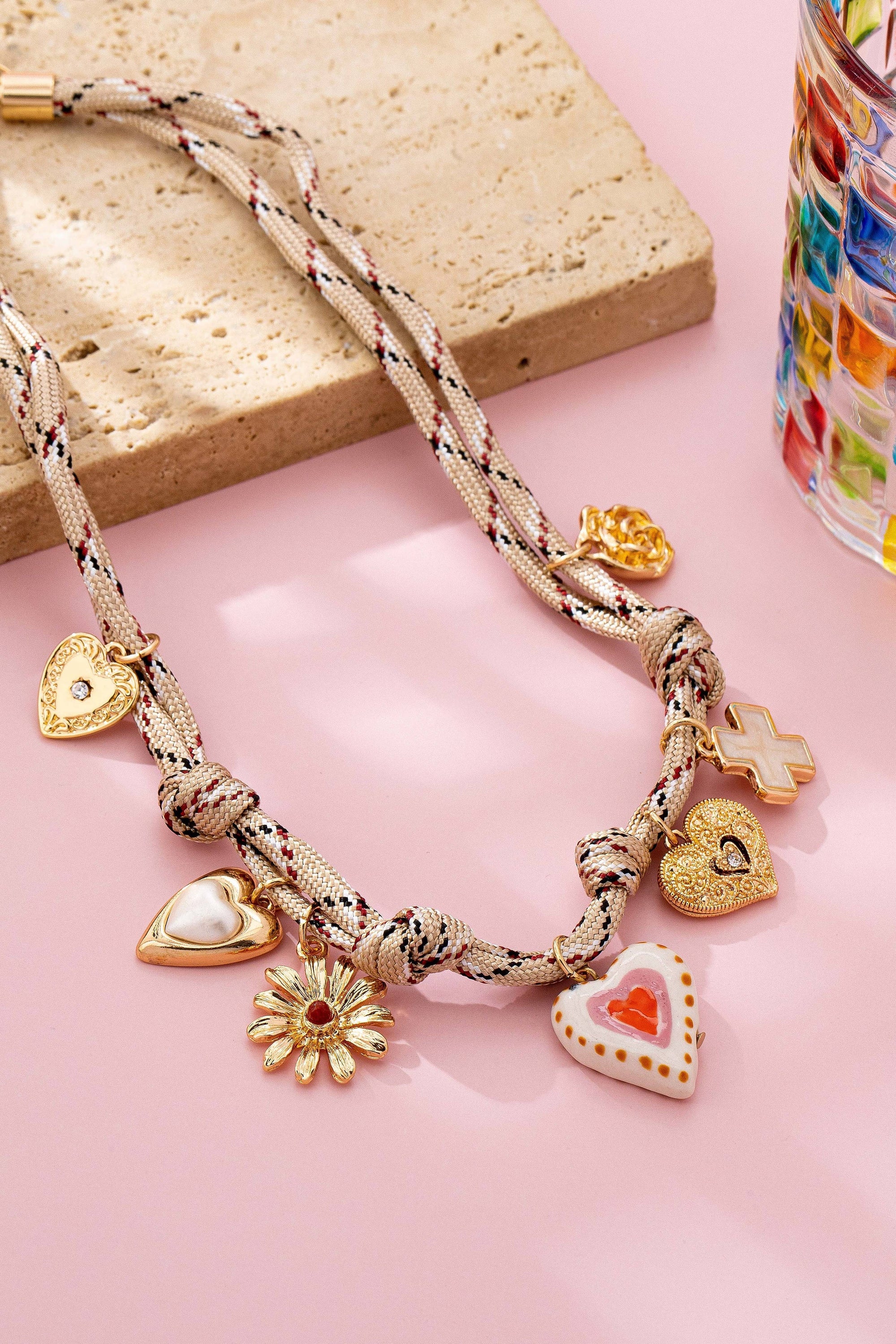 Ivory &amp; Red cord Multi-Charm Boho Necklace | 80N92742: GOLD JOSSLYN by wall to wall 