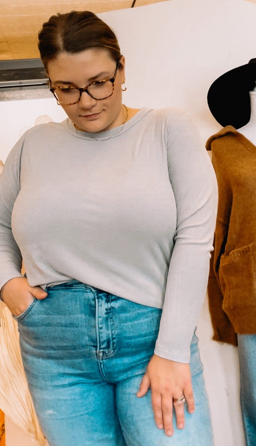 Light Grey Washed Ribbed Long Sleeve Top Long sleeve Zenana 