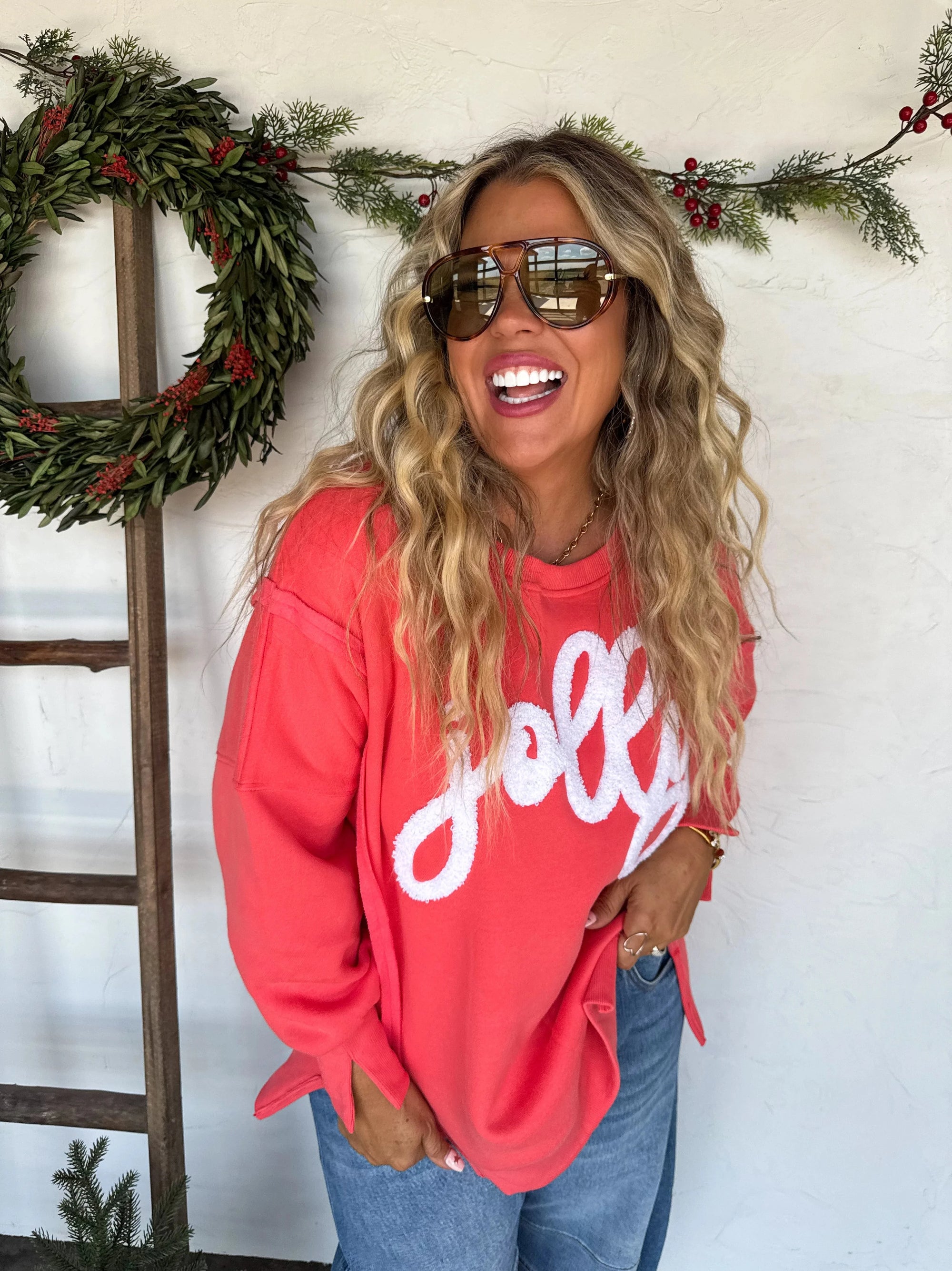 Jolly Red Oversized Side Slit Crewneck Sweatshirt Long sleeve Blakely 