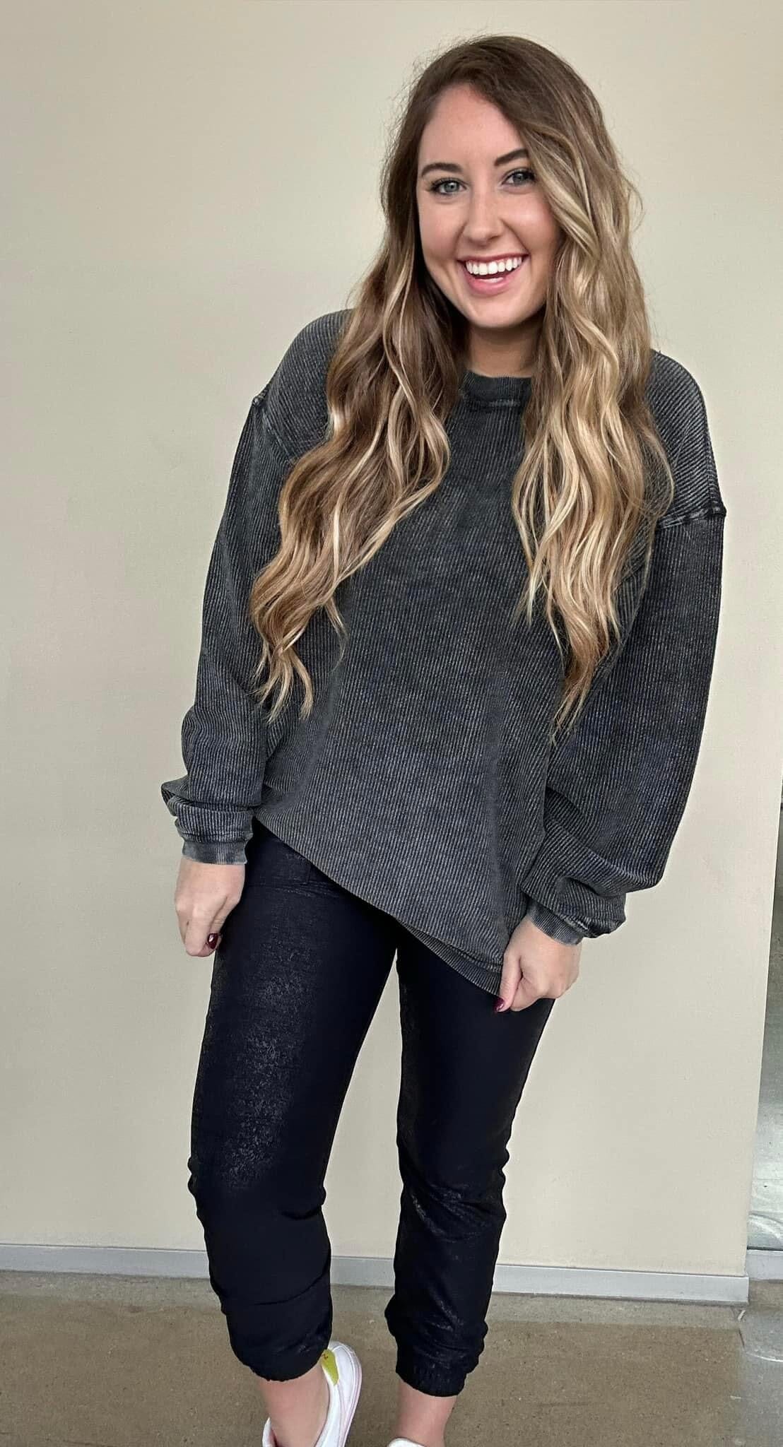Washed Black Corded Crew Sweatshirt The Humming Arrow Boutique 