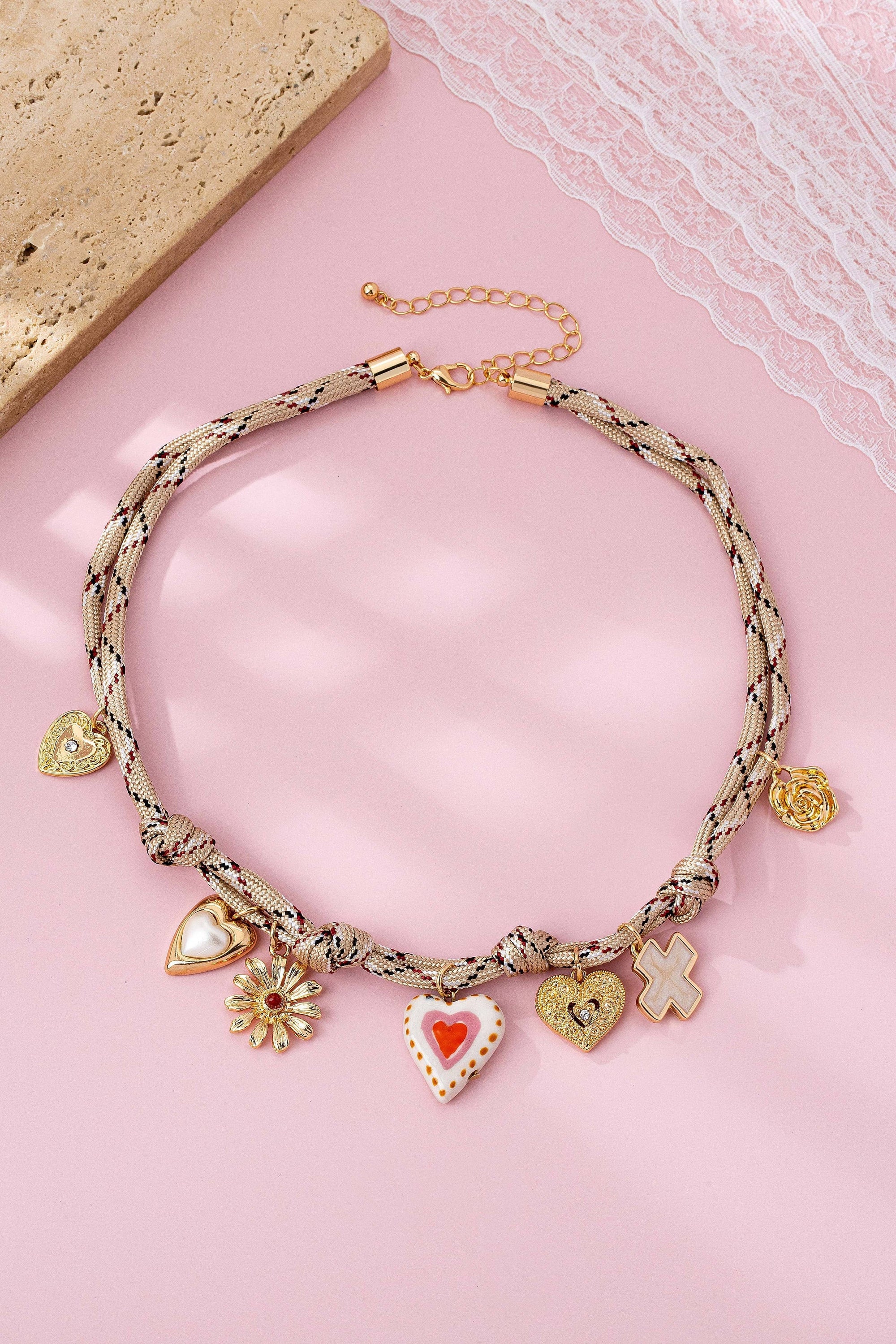 Ivory &amp; Red cord Multi-Charm Boho Necklace | 80N92742: GOLD JOSSLYN by wall to wall 