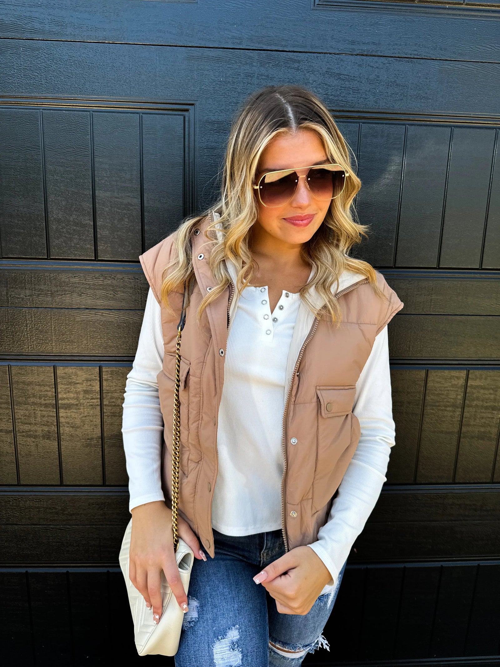 Cream and Beige Reversible Puffer Vest Outerwear Blakely 