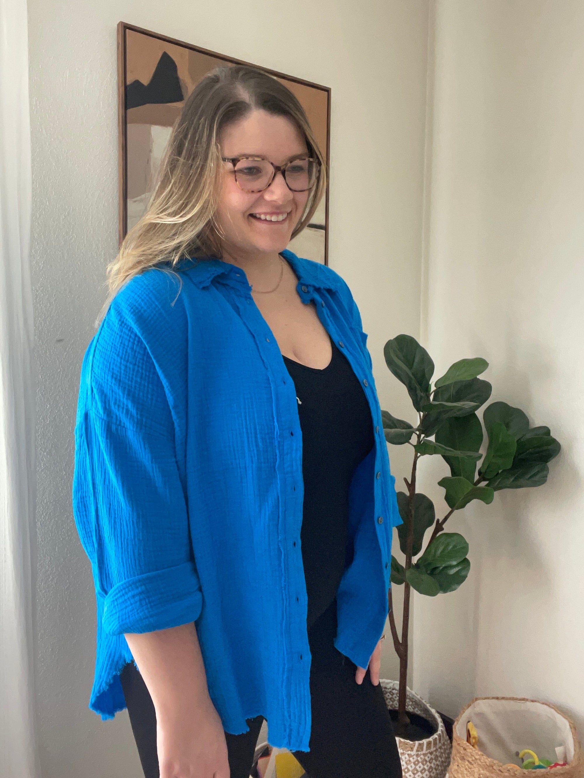Ocean Blue Gauze Oversized Button Down Shirt Cardigan Zenana 