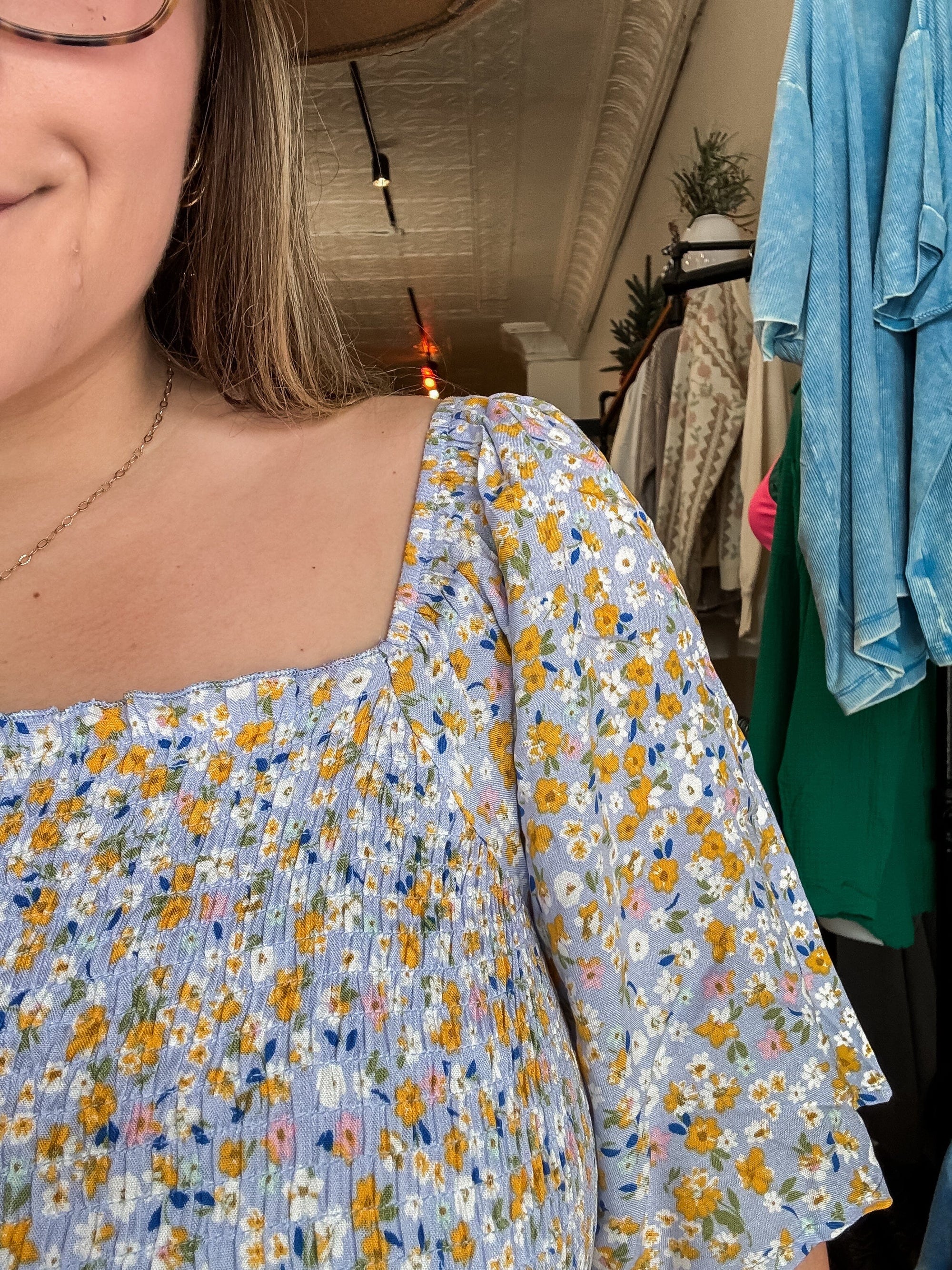 Powder Blue Floral Square Neck Smocked Curvy Midi Dress Dresses Heyson 