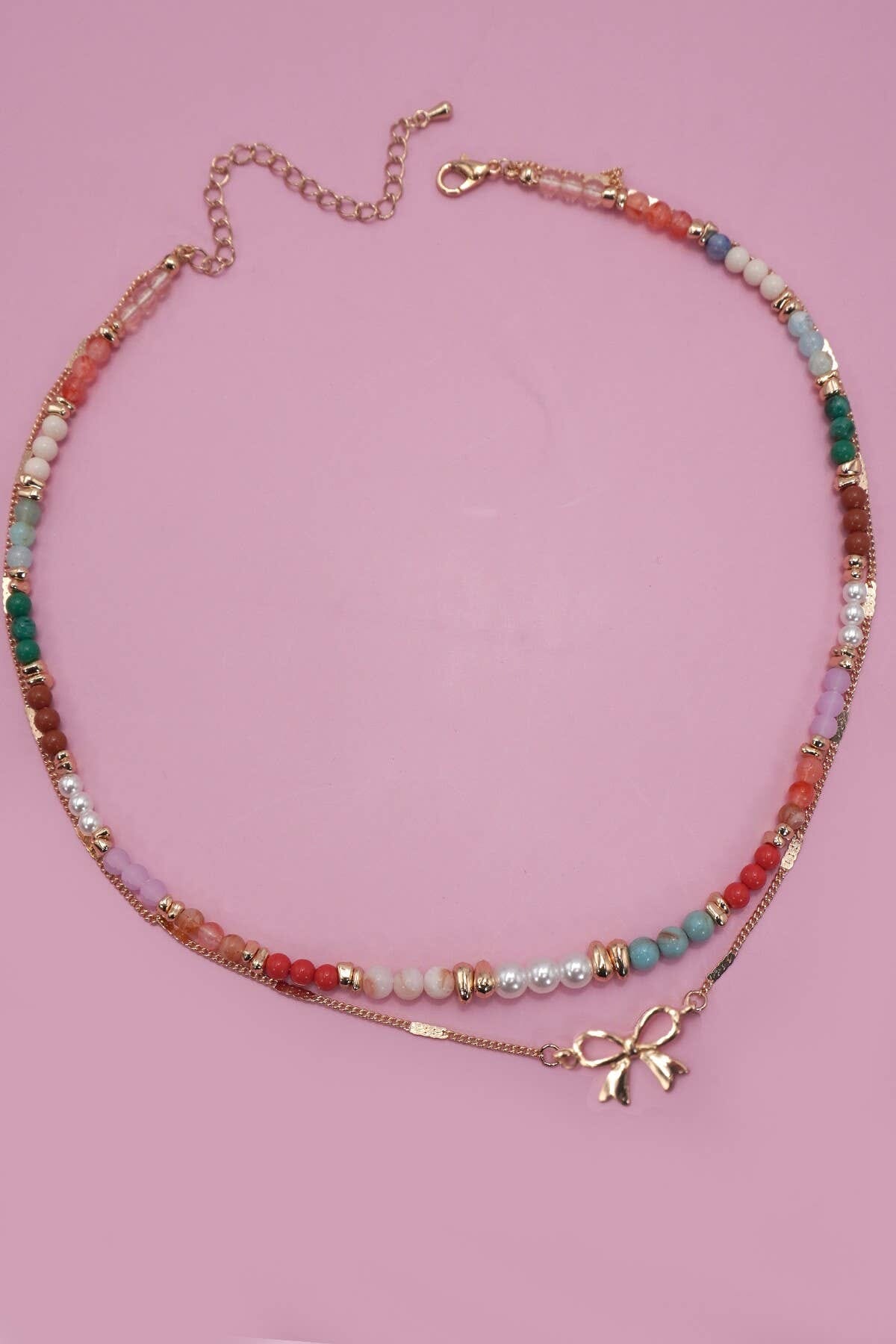 MULTI BEADED BOW CHARM DOUBLE LAYER NECKLACE | 80N91498: Gold JOSSLYN by wall to wall 