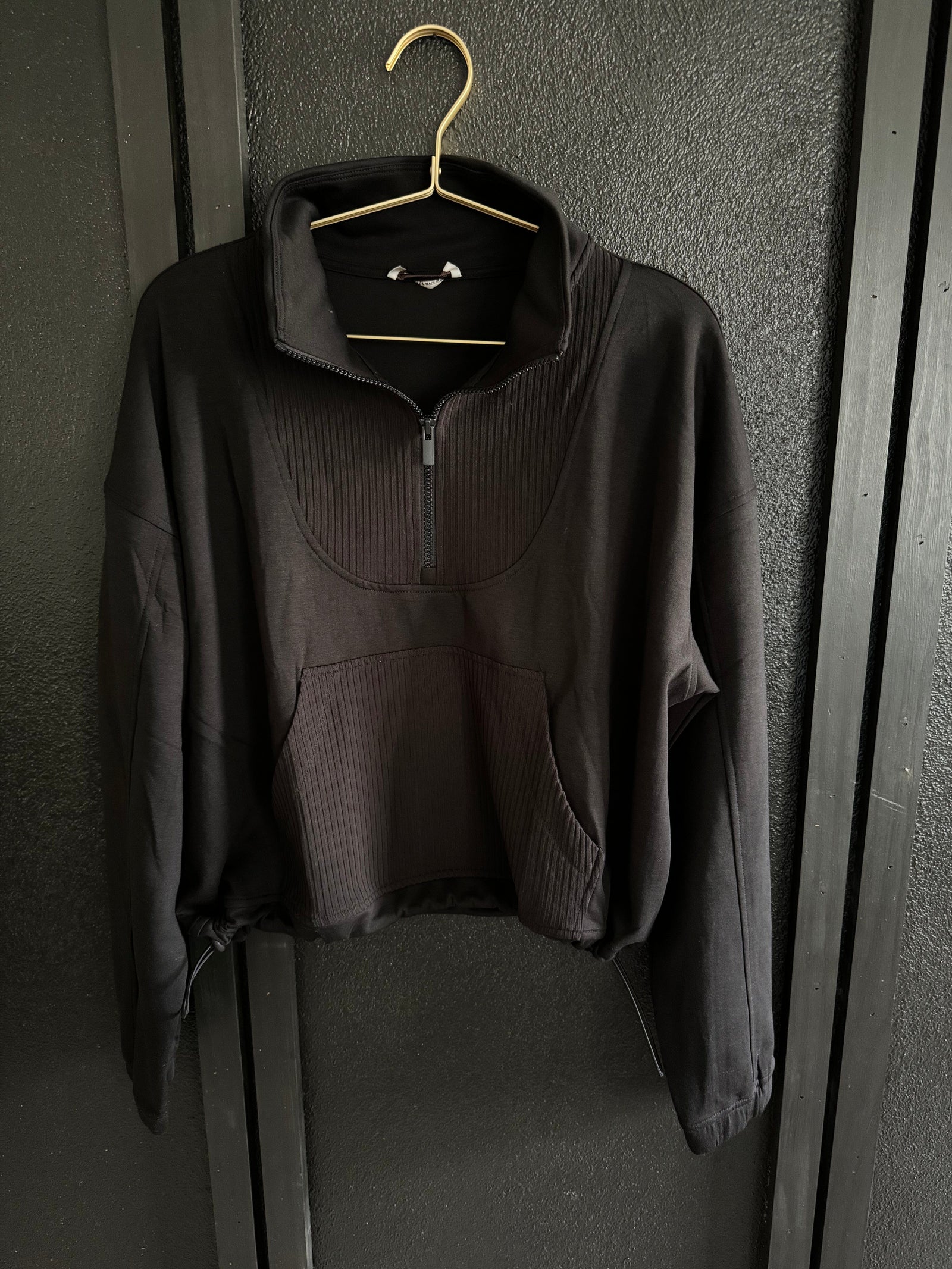 Black Cropped Scuba Quarter Zip Pullover with Elastic Waistband Long sleeve Zenana 