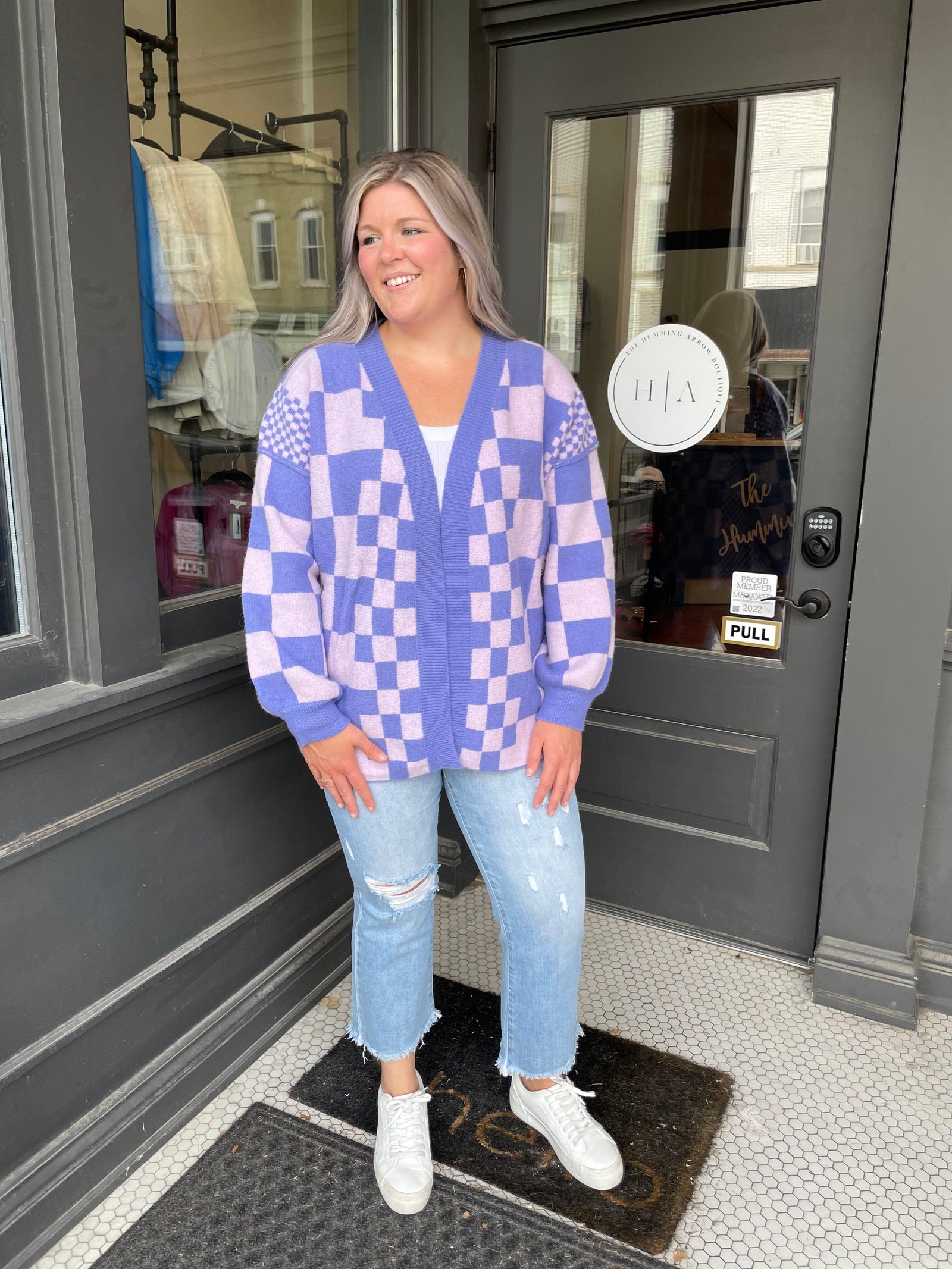 Very Peri Soft Fuzzy Checkered Cardigan Cardigan Anniewear 
