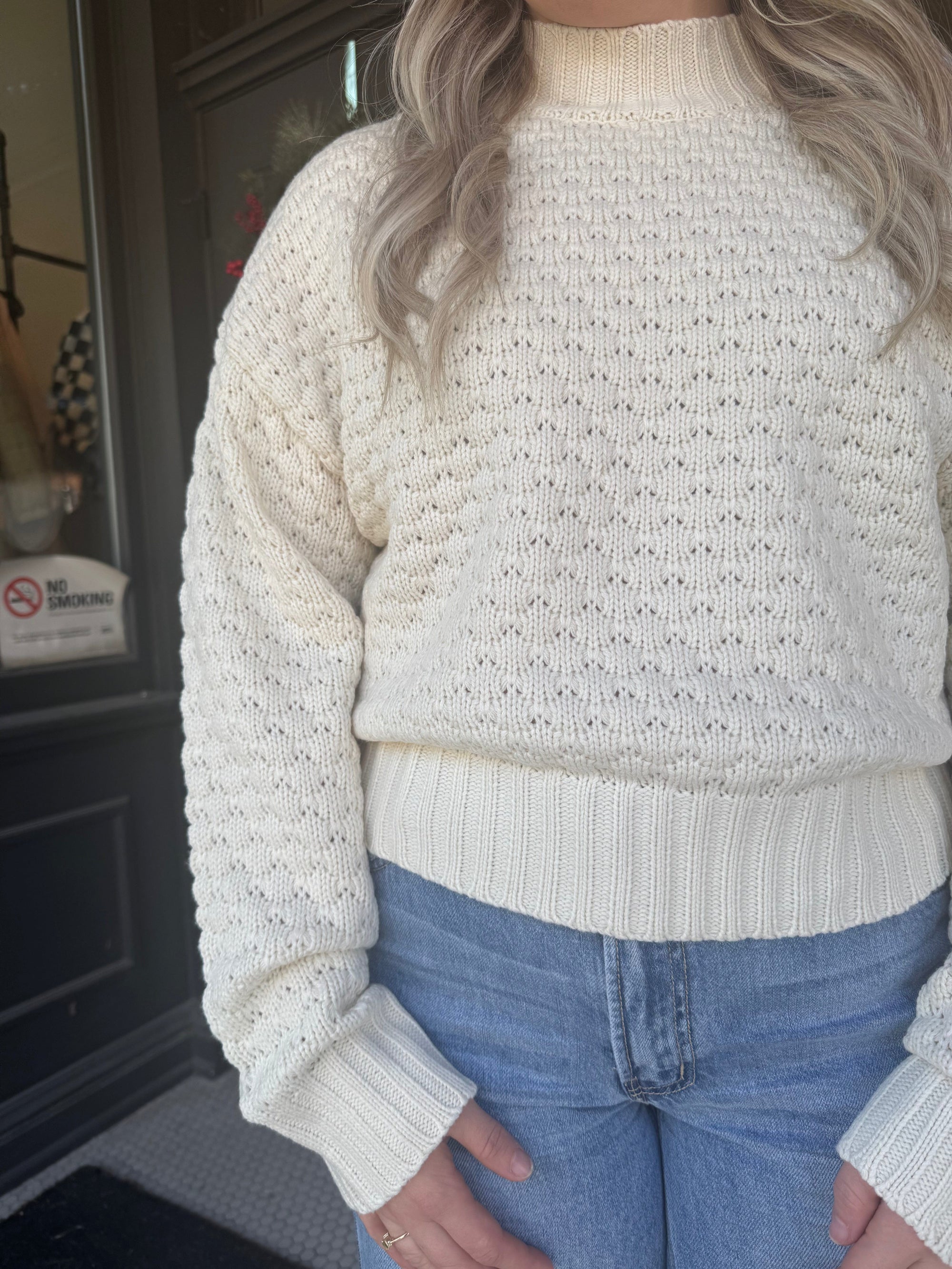 Cream Knit Textured Mock Neck Sweater Long sleeve HyFve 