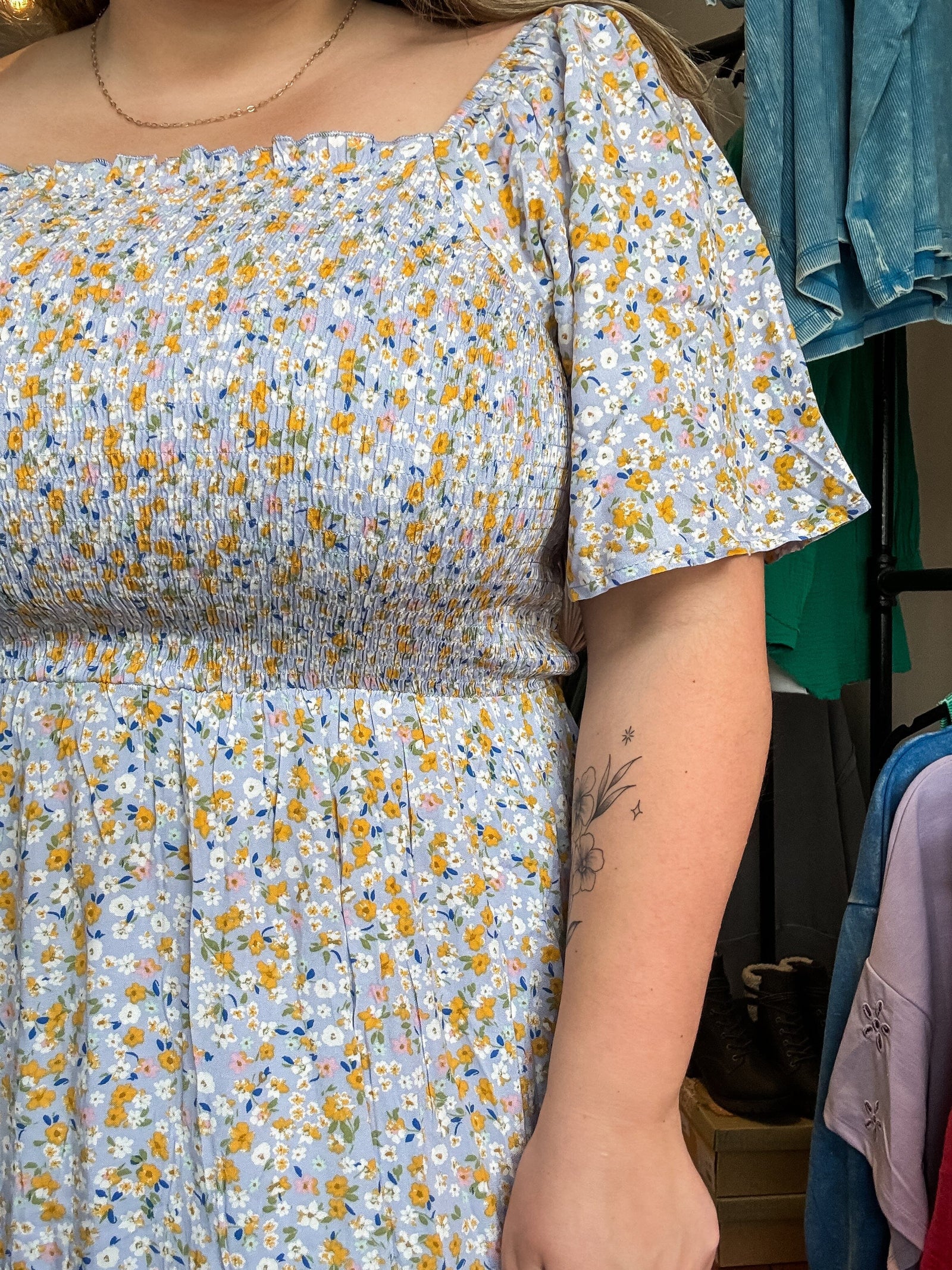 Powder Blue Floral Square Neck Smocked Curvy Midi Dress Dresses Heyson 