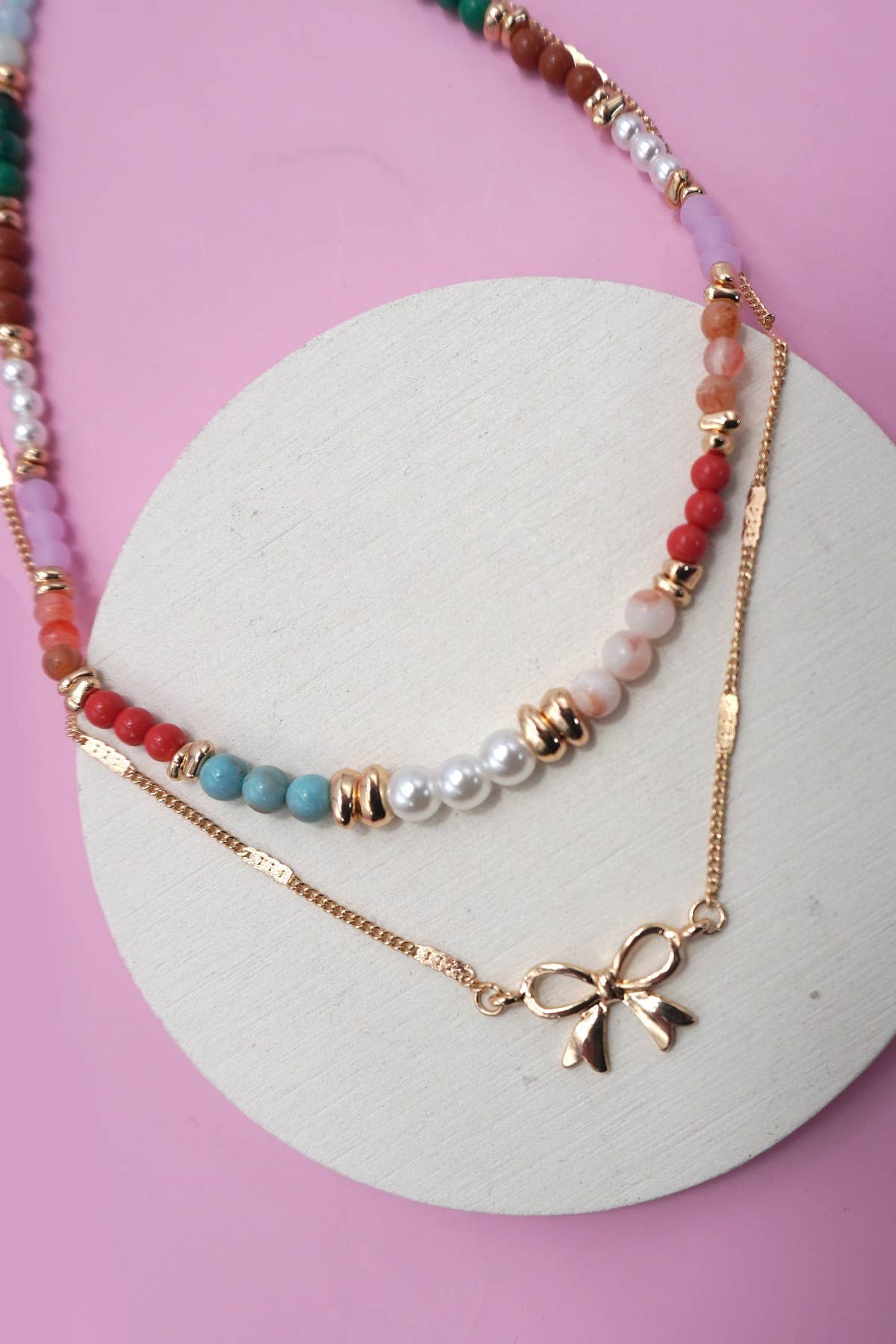 MULTI BEADED BOW CHARM DOUBLE LAYER NECKLACE | 80N91498: Gold JOSSLYN by wall to wall 
