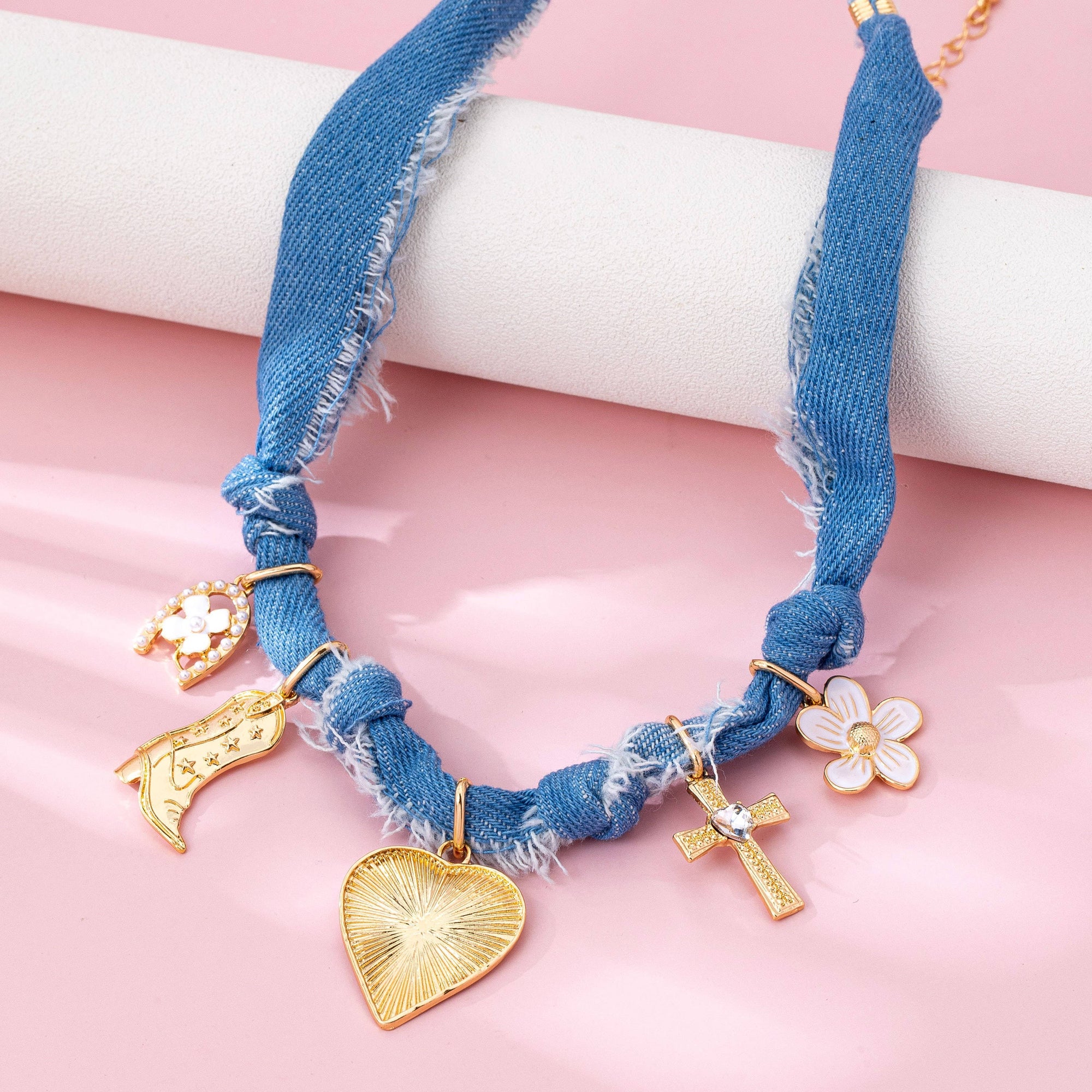 Western Denim Cowboy Boot &amp; Cross Charm Necklace | 80N92859: Gold JOSSLYN by wall to wall 