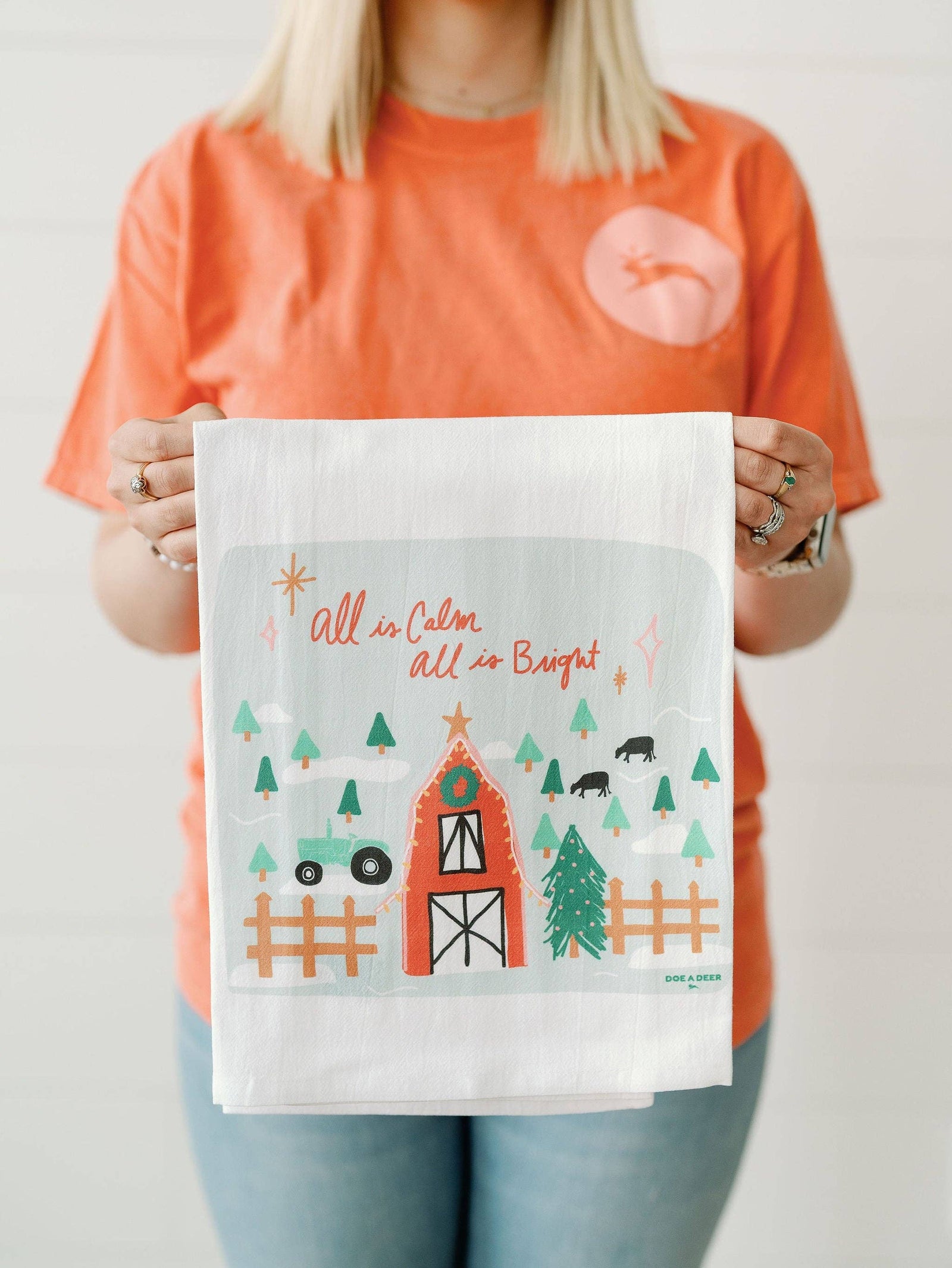 All is Calm - Christmas Kitchen Tea Towel Doe A Deer 