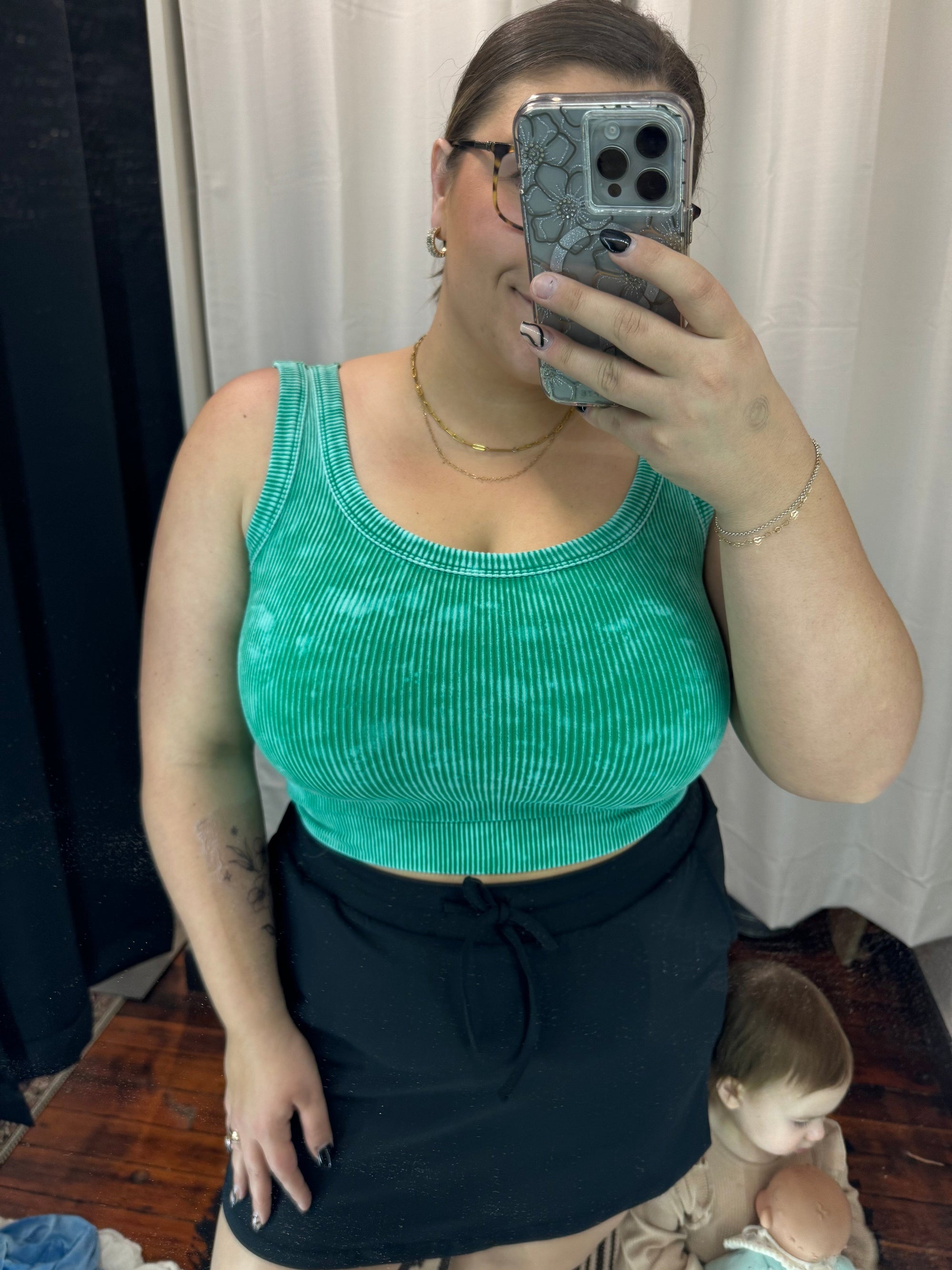 Kelly Green Acid Wash Ribbed Crop Tank Top Summer Tanks Zenana 