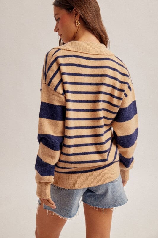 Tan and Navy Blue Stripe Collared V Neck Sweater Long sleeve Hem &amp; Thread 