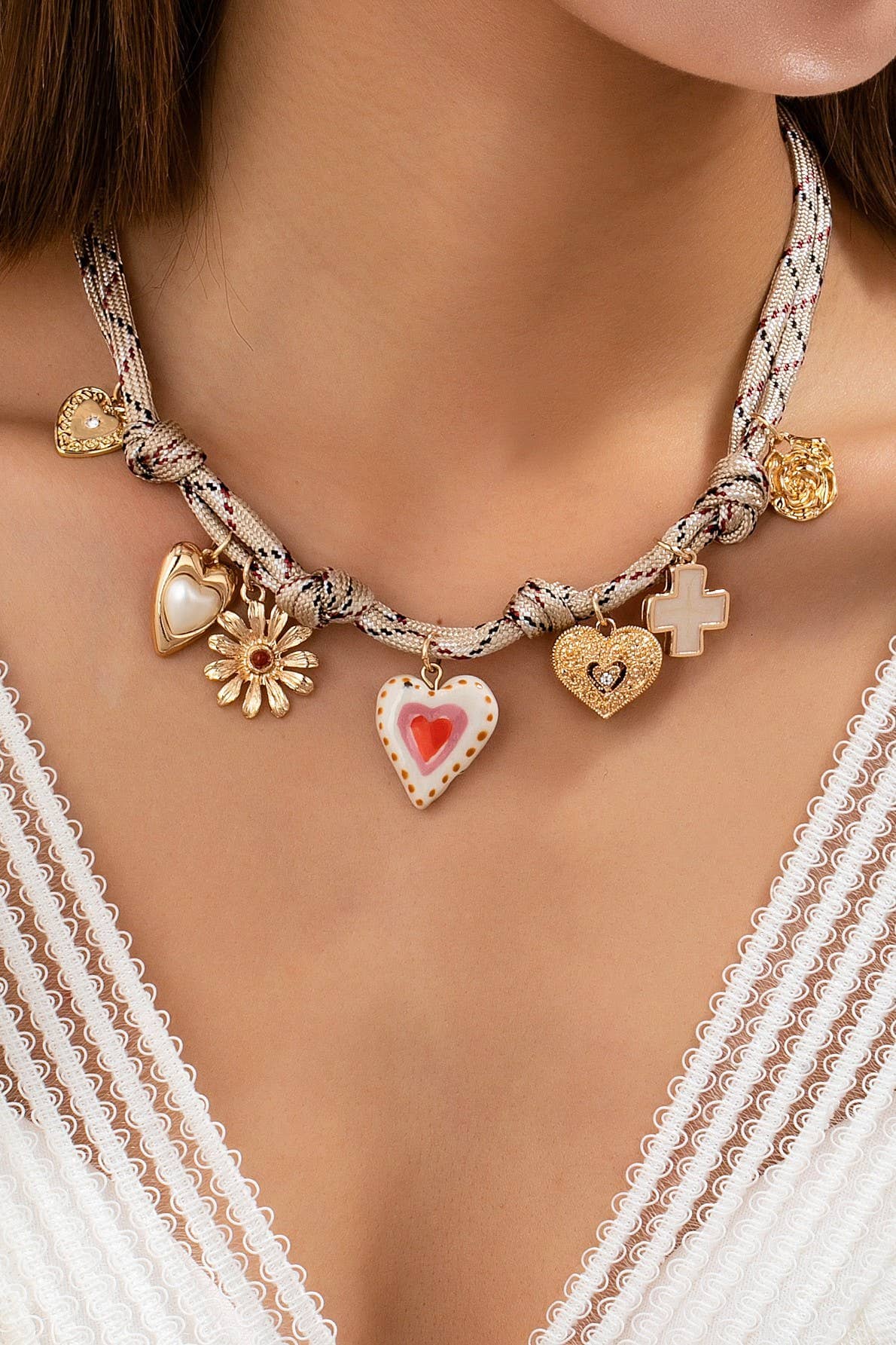 Ivory &amp; Red cord Multi-Charm Boho Necklace | 80N92742: GOLD JOSSLYN by wall to wall 