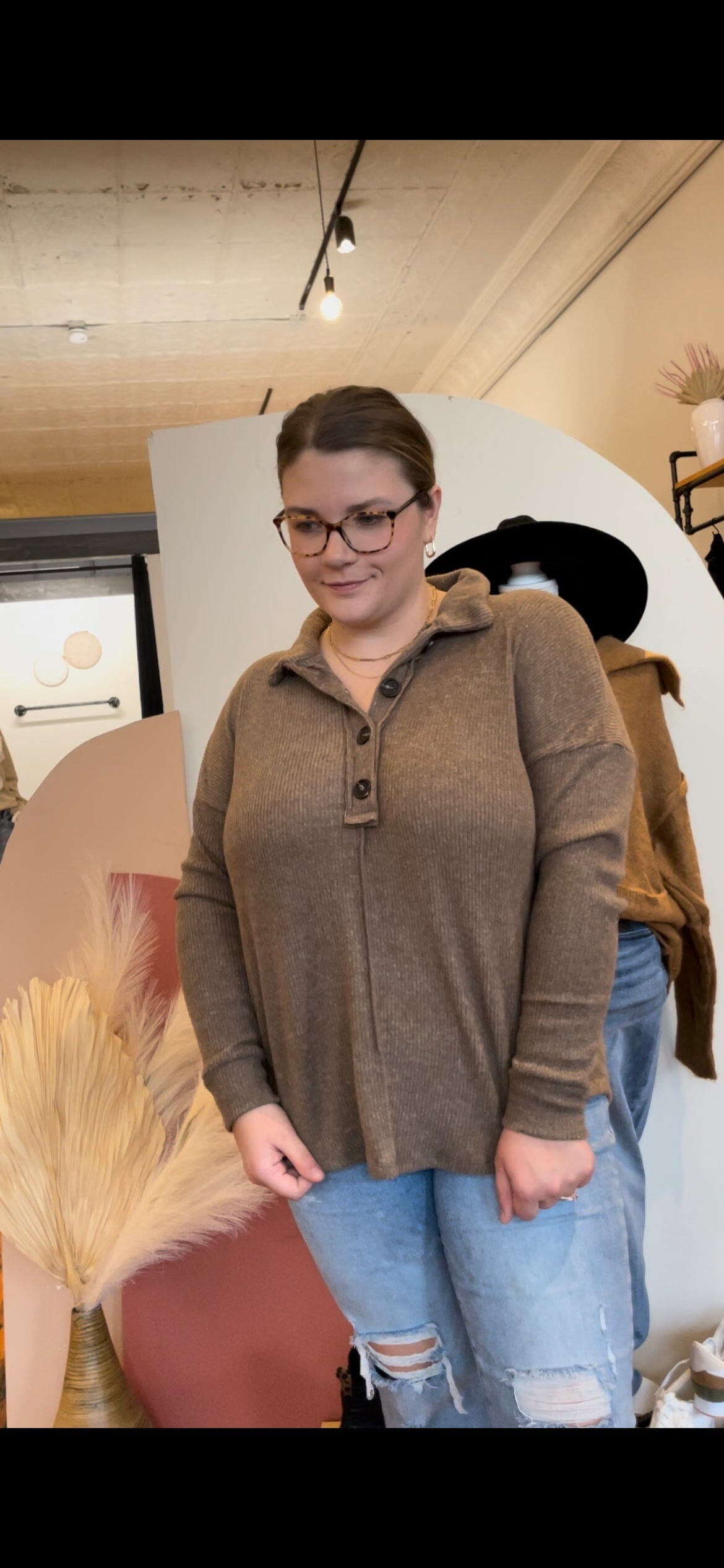 Mocha Hacci Knit Collared Sweater Long sleeve Zenana 