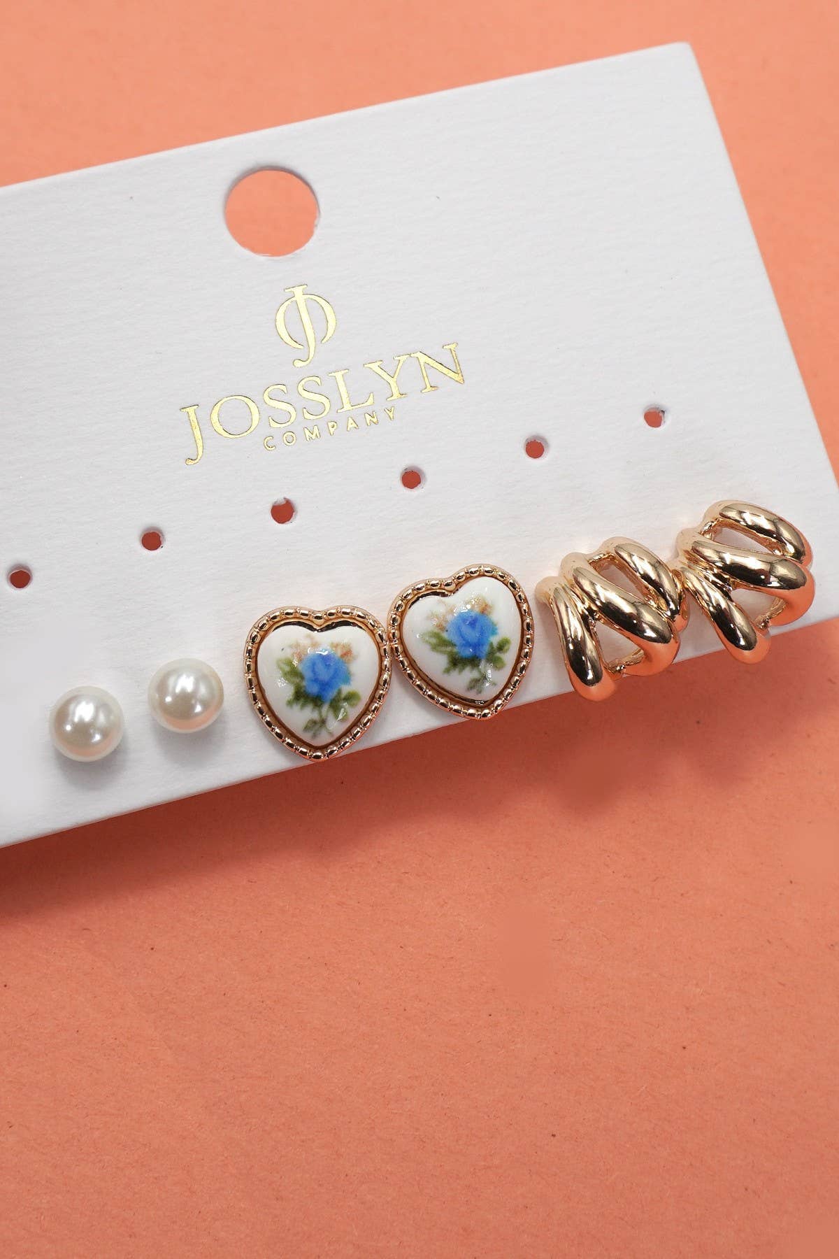 HEART FLORAL PORCELAIN STUD HOOP TRIO EARRINGS | 80E6484: GOLD JOSSLYN by wall to wall 
