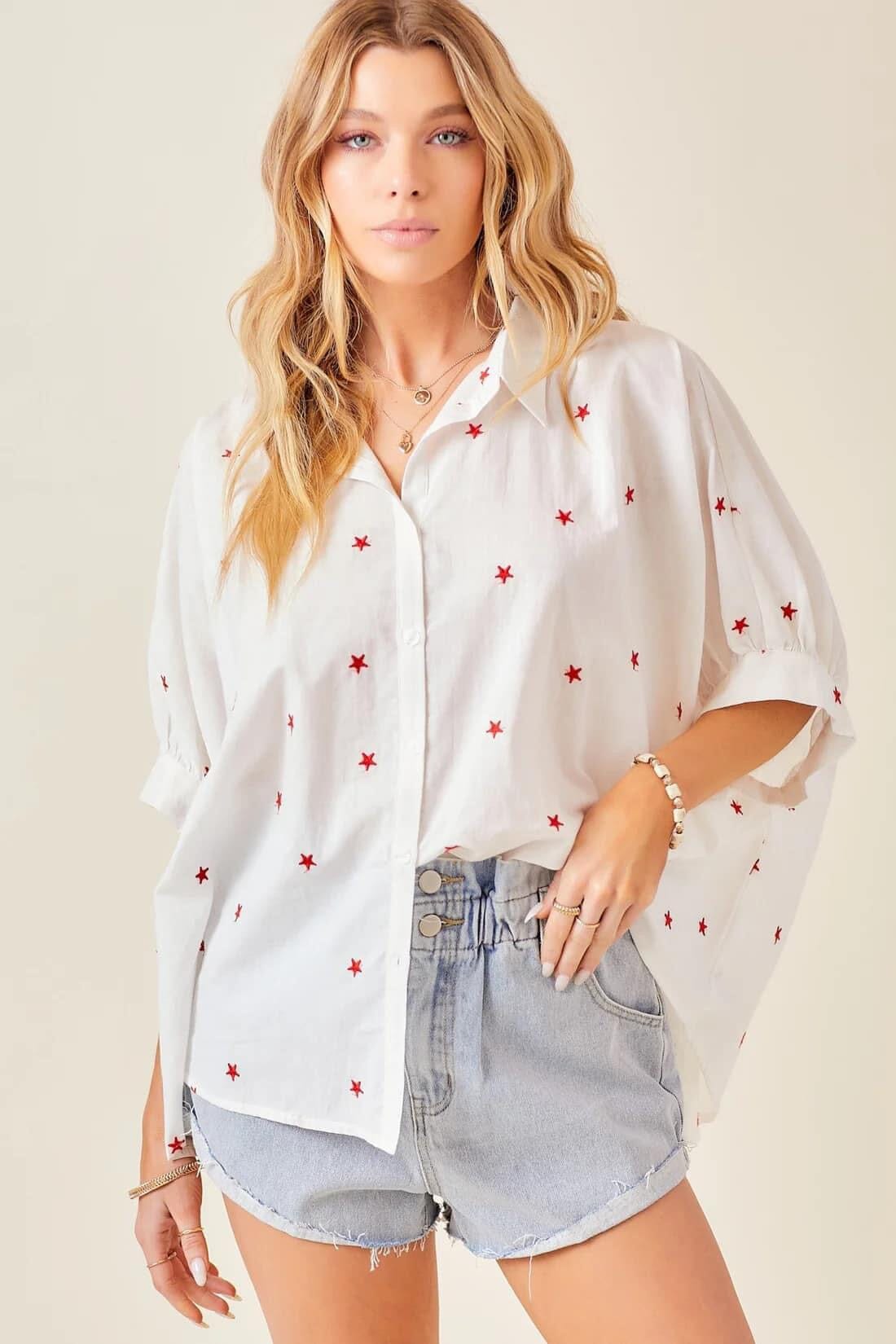 Red Embroidered Star Button Down Short Sleeve Top Short sleeve Day+moon 