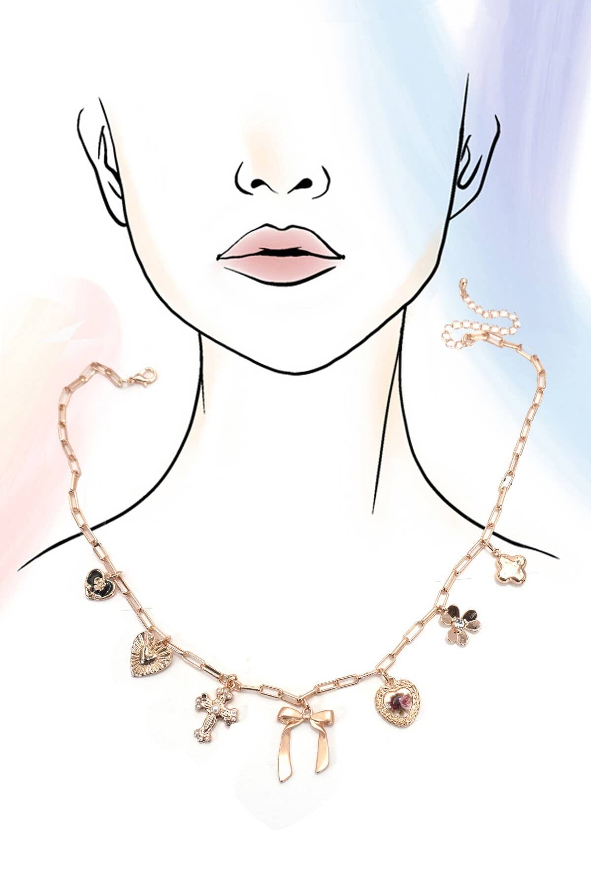 CHARM NECKLACE-PORCELAIN FLORAL BOW CROSS HEART | 80N92151: GOLD JOSSLYN by wall to wall 