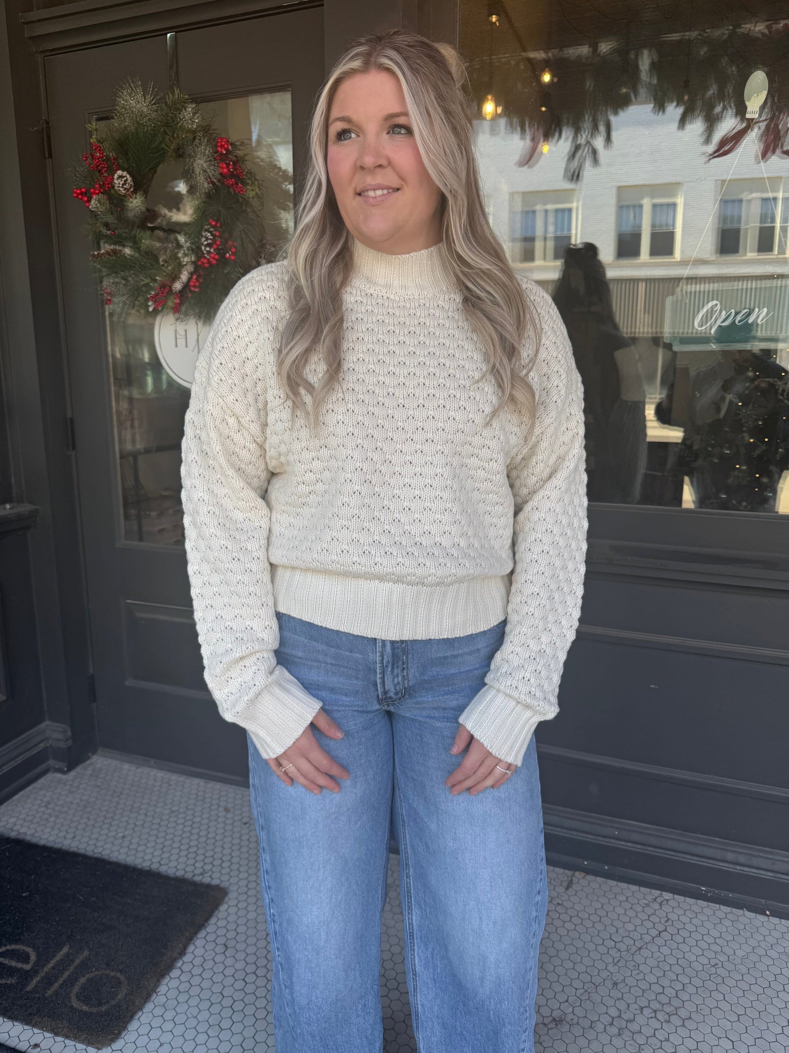Cream Knit Textured Mock Neck Sweater Long sleeve HyFve 