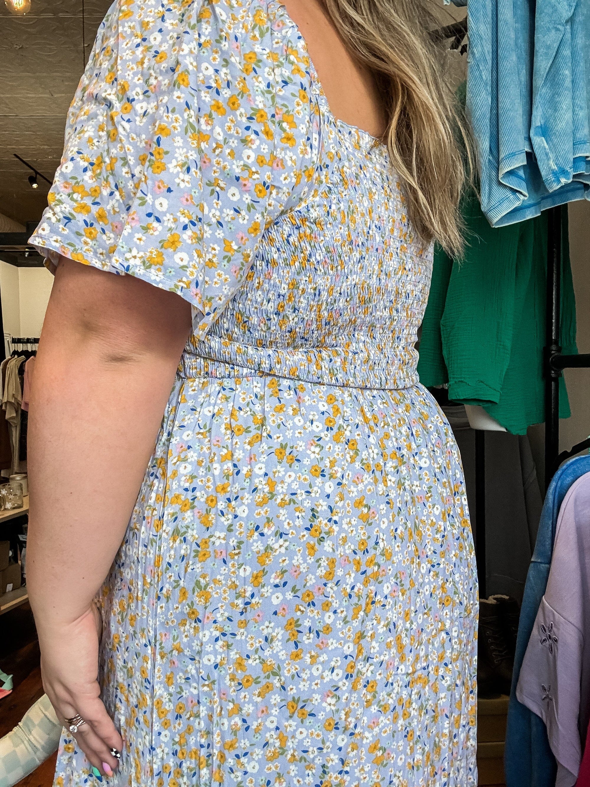 Powder Blue Floral Square Neck Smocked Curvy Midi Dress Dresses Heyson 