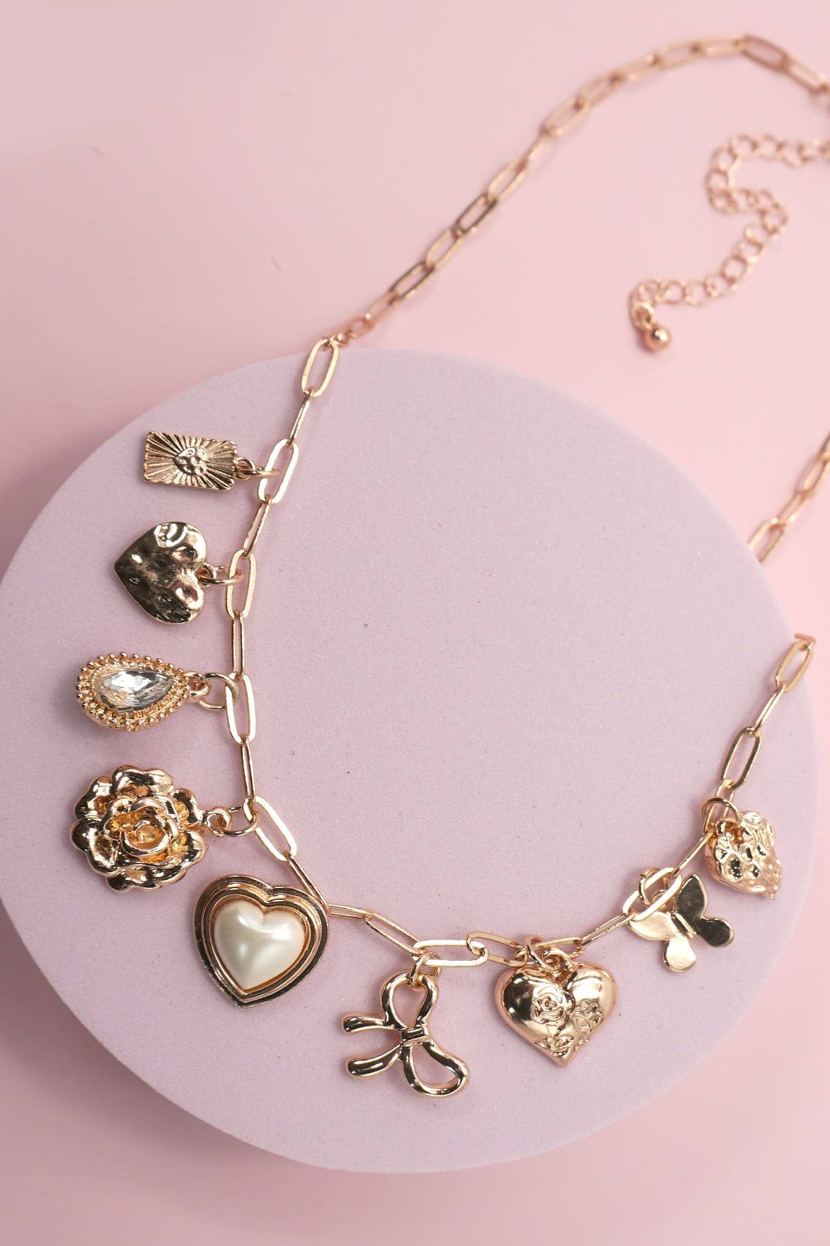 CHARM NECKLACE-BOW HEART RHINESTONE FLOWER | 80N91405: Gold JOSSLYN by wall to wall 
