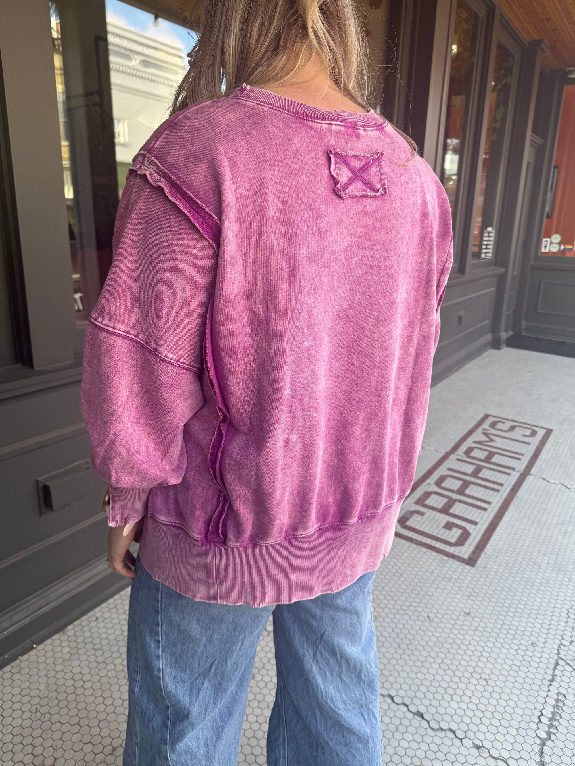Light Plum Acid Wash French Terry Oversized Sweatshirt Long sleeve Zenana 