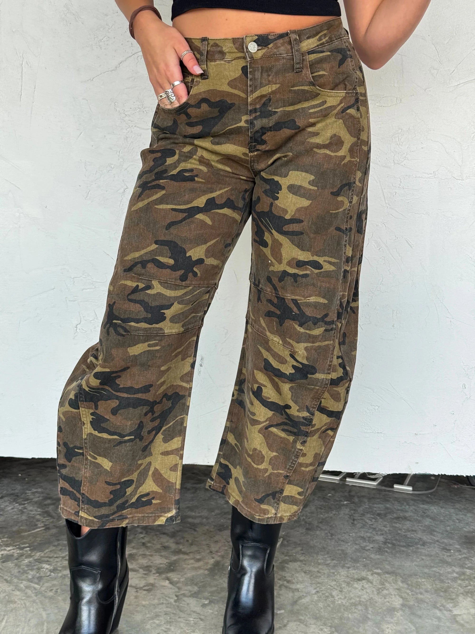 PREORDER | Camo Mid Rise Stretchy Barrel Jeans Bottoms Blakely 