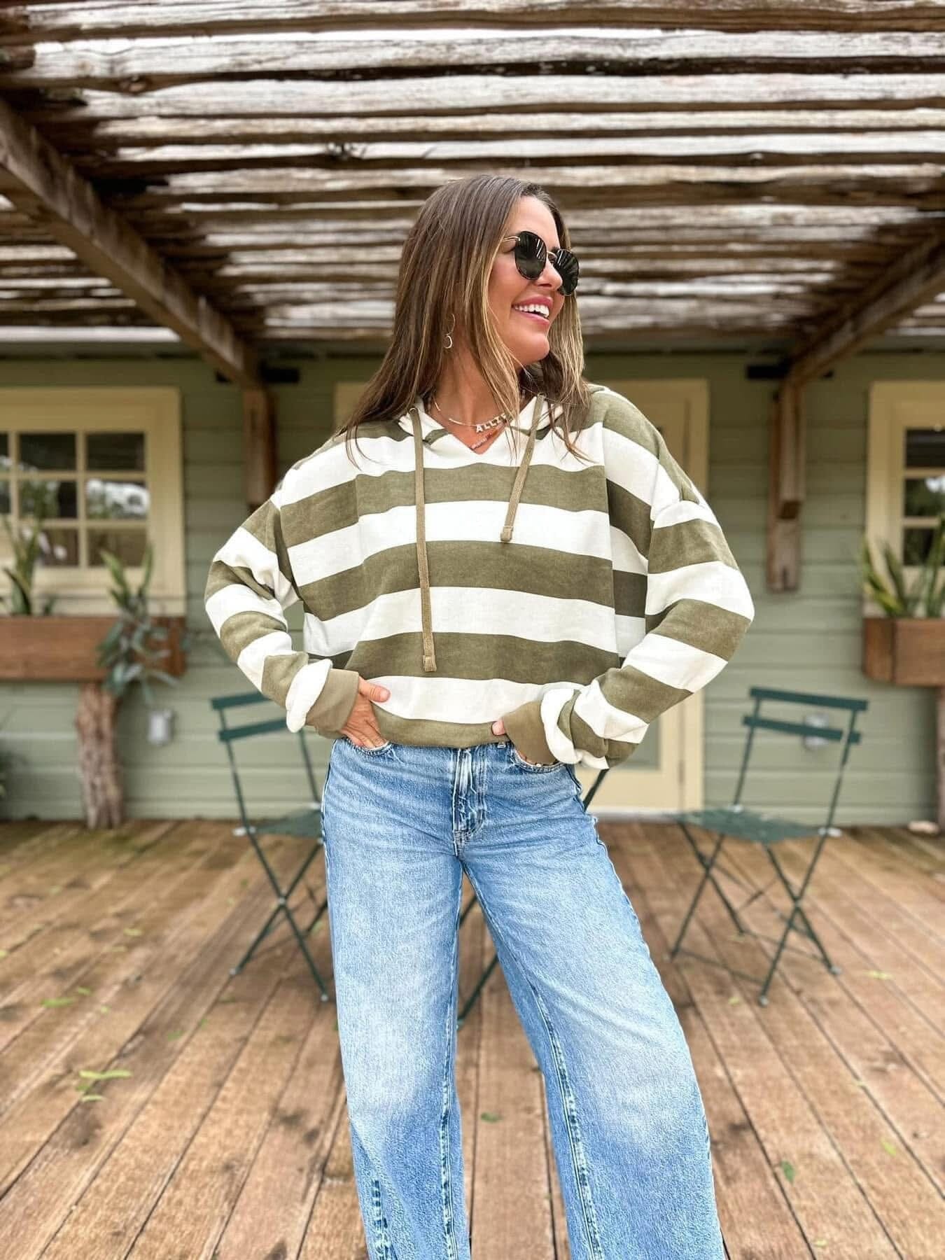 Olive Stripe Boxy Fit Hoodie Long sleeve Oliver and Otis 
