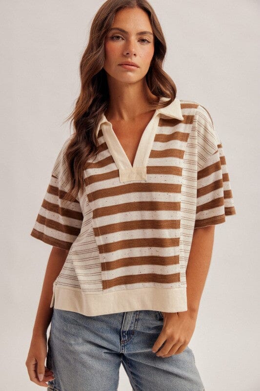Brown Mixed Stripe Rigby Polo Short Sleeve Top Short sleeve Hem &amp; Thread 