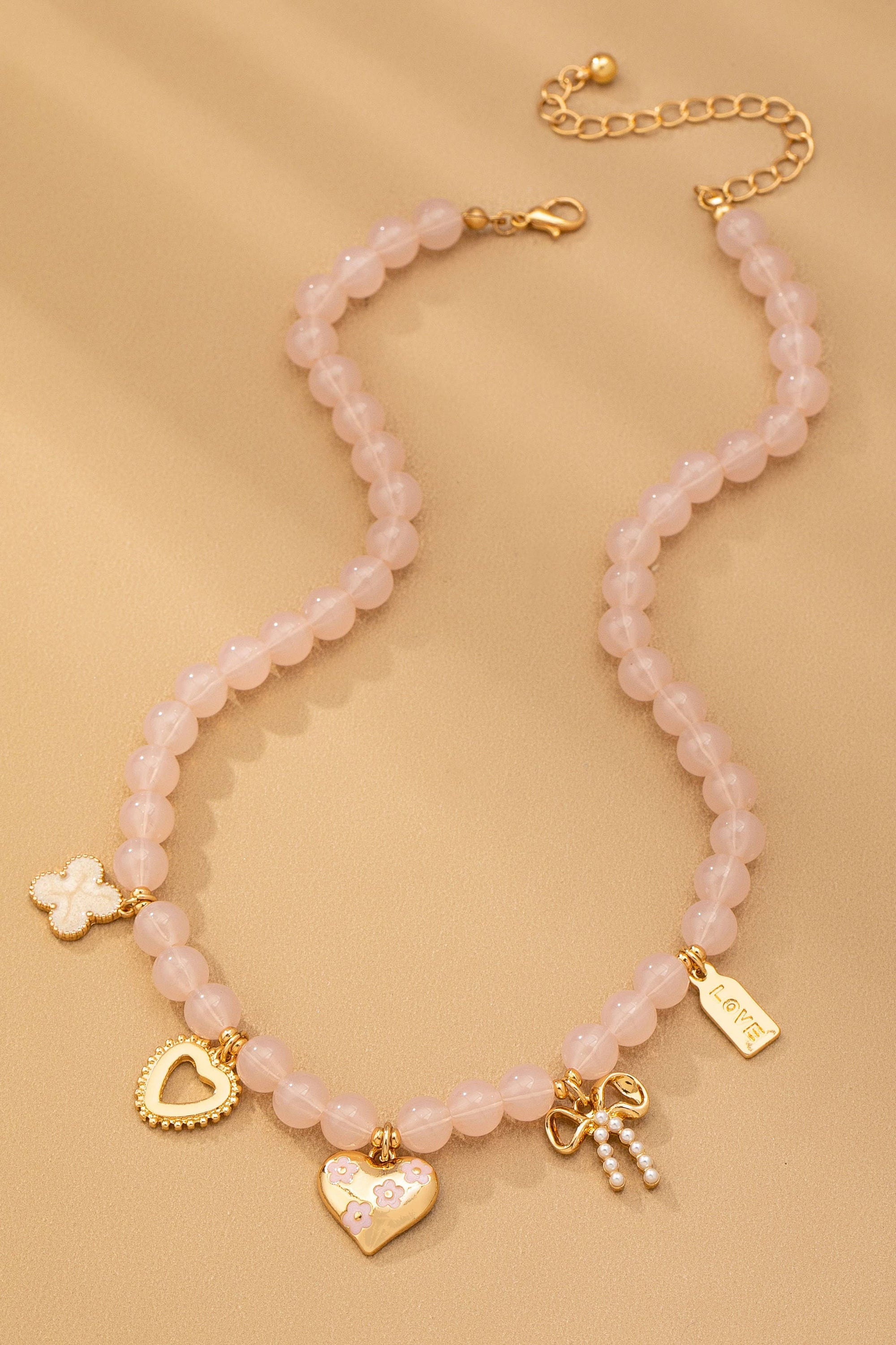 BEADED CHARM NECKLACE-HEART BOW CLOVER | 80N92632: LT PINK JOSSLYN by wall to wall 
